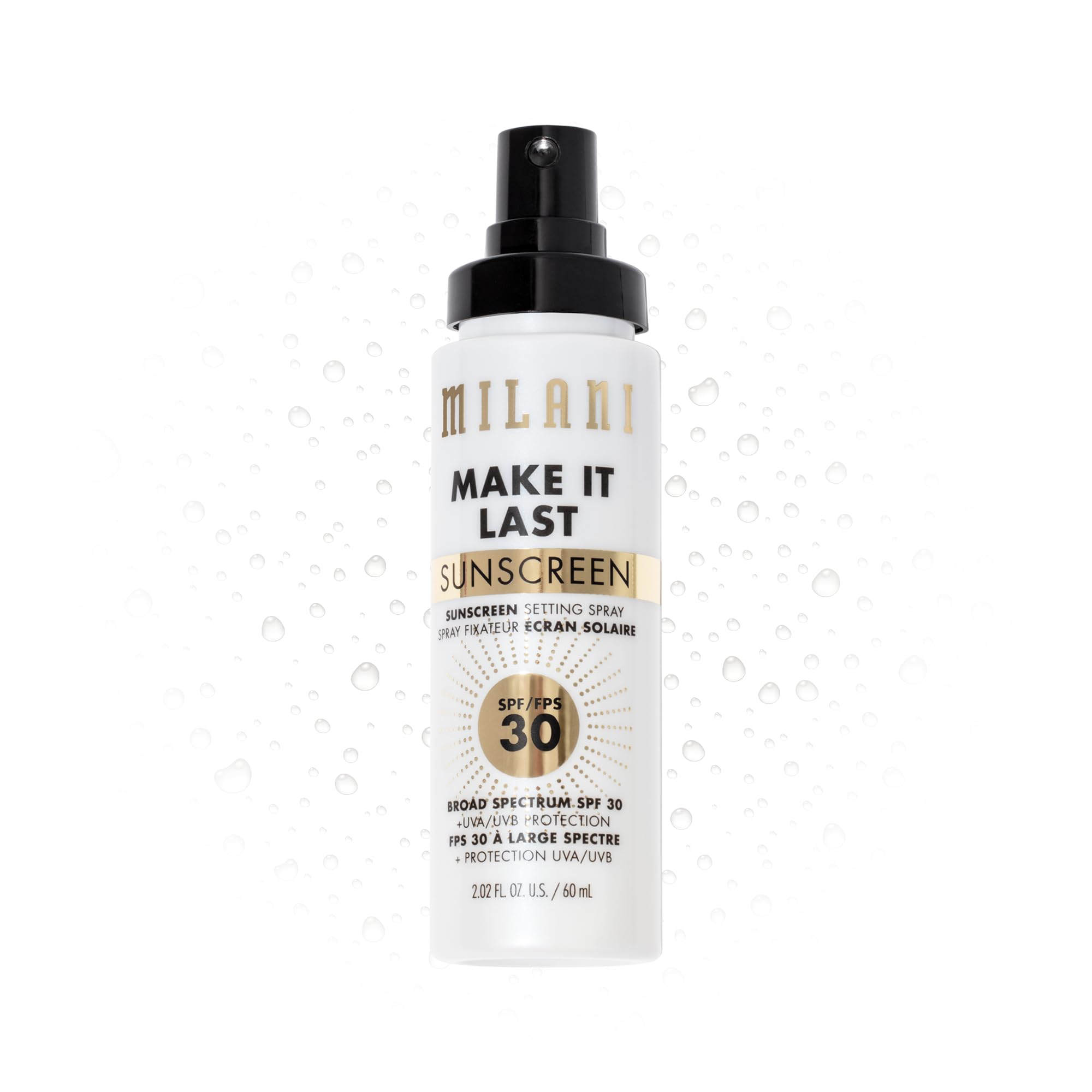 Milani – bouteille spray-primer SPF30, protection UV et fixation longue durée.