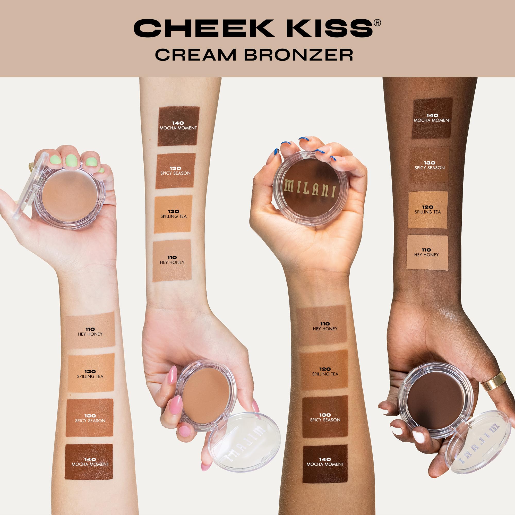 Teinte 110 Honey du Milani Cheek Kiss Crème Bronzer pour un éclat chaleureux.