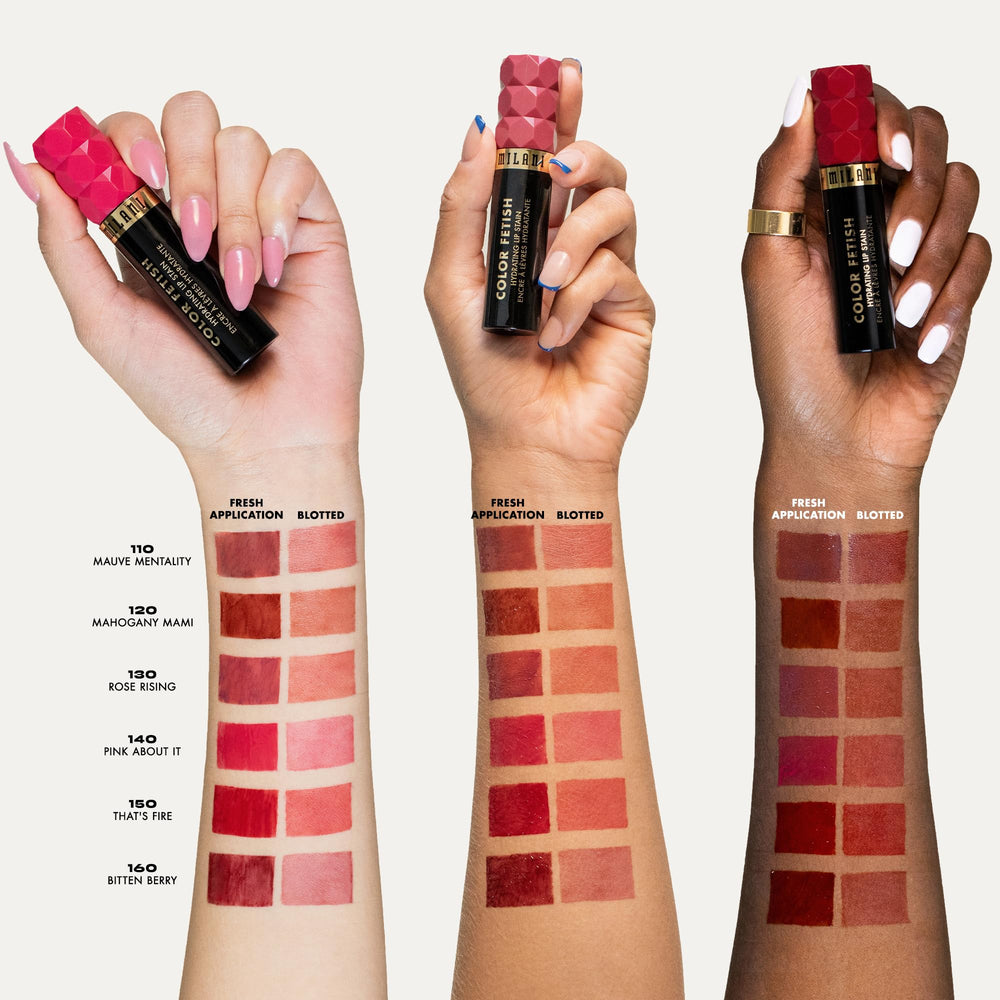 Milani Color Fetish Lip Stain Bitten Berry montre la finition semi-matte confortable.