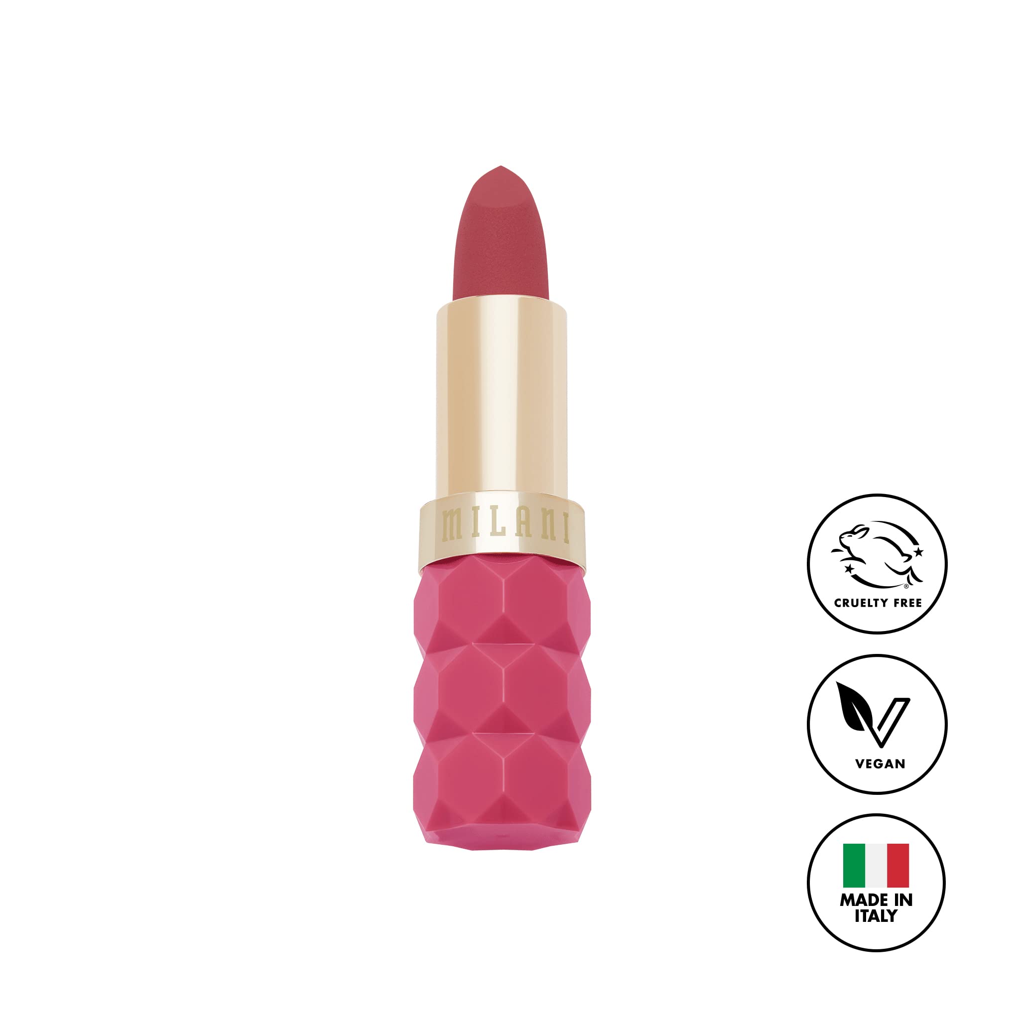Milani Color Fetish Matte Lipstick Petale échantillon teinte sur peau, couleur polyvalente.