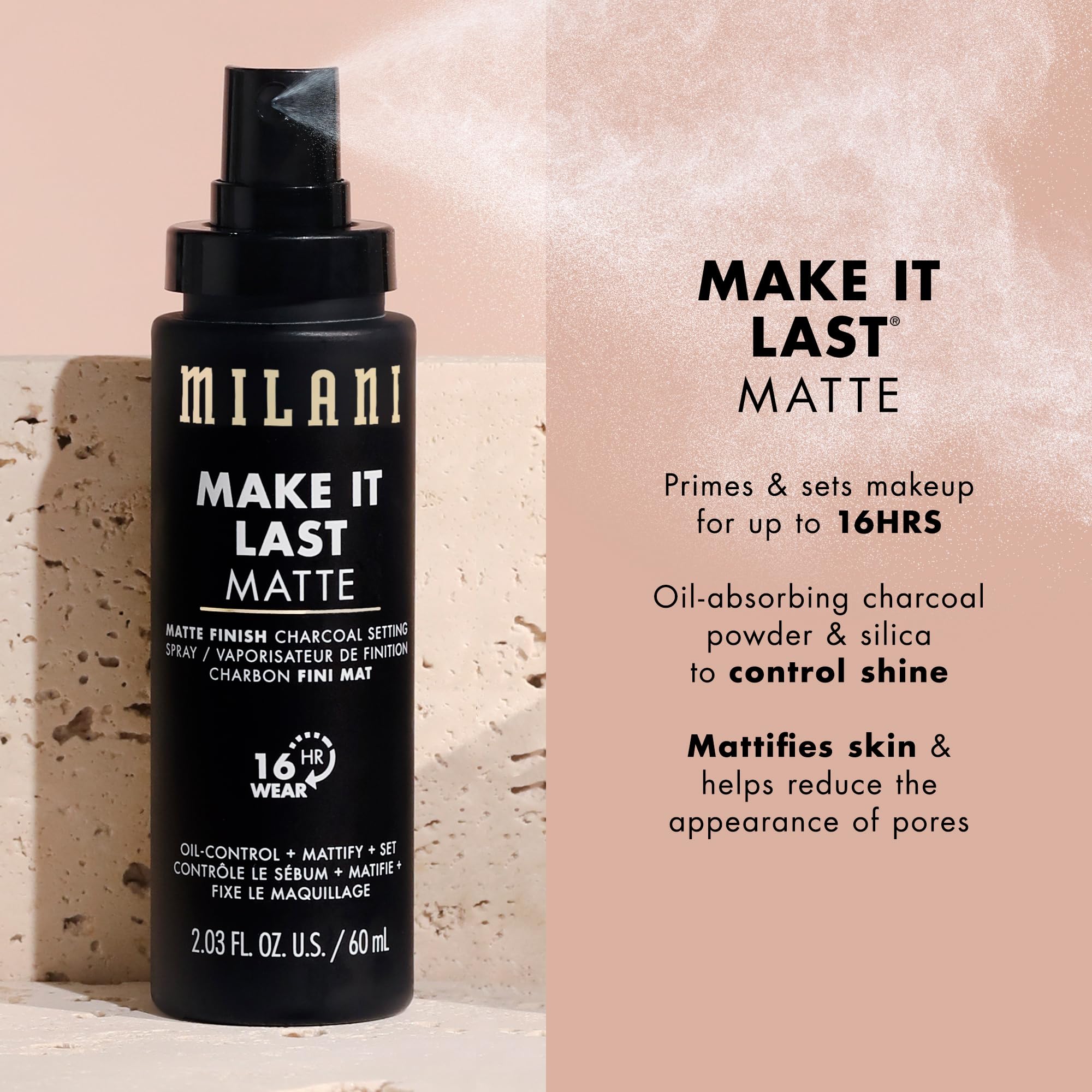 Milani détail-poudre-charbon-mat, on distingue l'effet matifiant discret et durable.