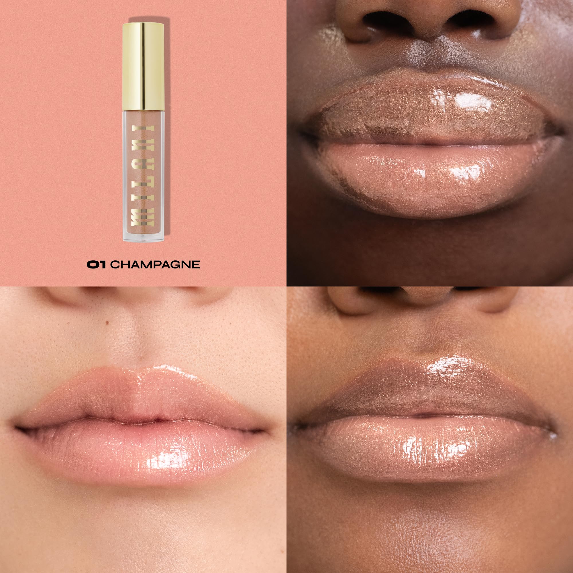 Gloss Milani Keep It Full en flacon Champagne, texture crémeuse et brillance subtile.