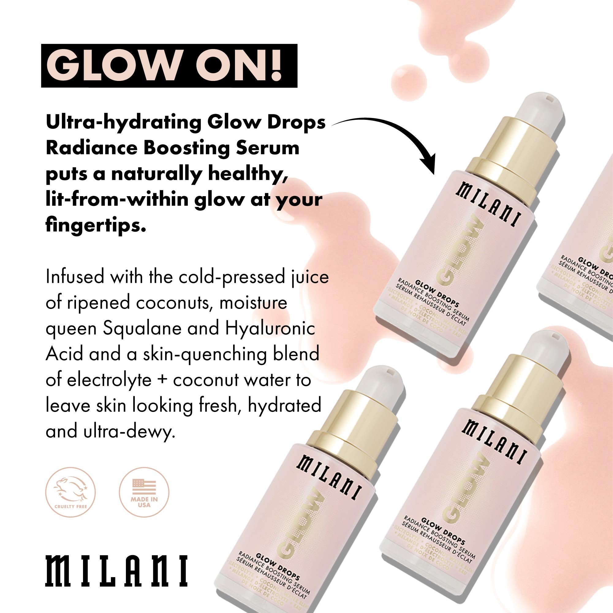 Milani Glow Drops – ritual quotidien d’application pour une hydratation durable.