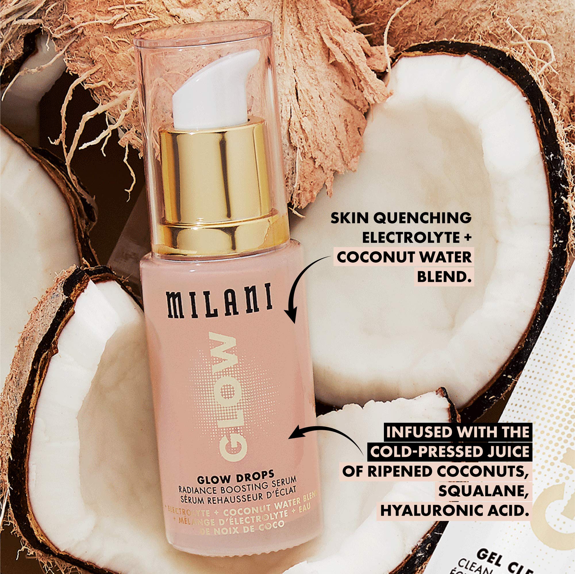 Milani Glow Drops – mélange coco et hyaluronique pour un éclat naturel.