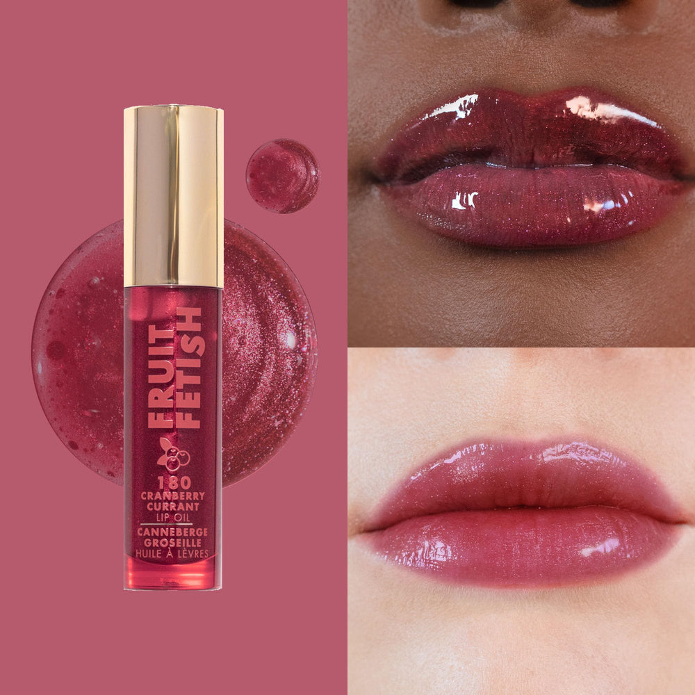 Milani Lip Oil Cranberry appliqué sur les lèvres pour une brillance nourrissante.
