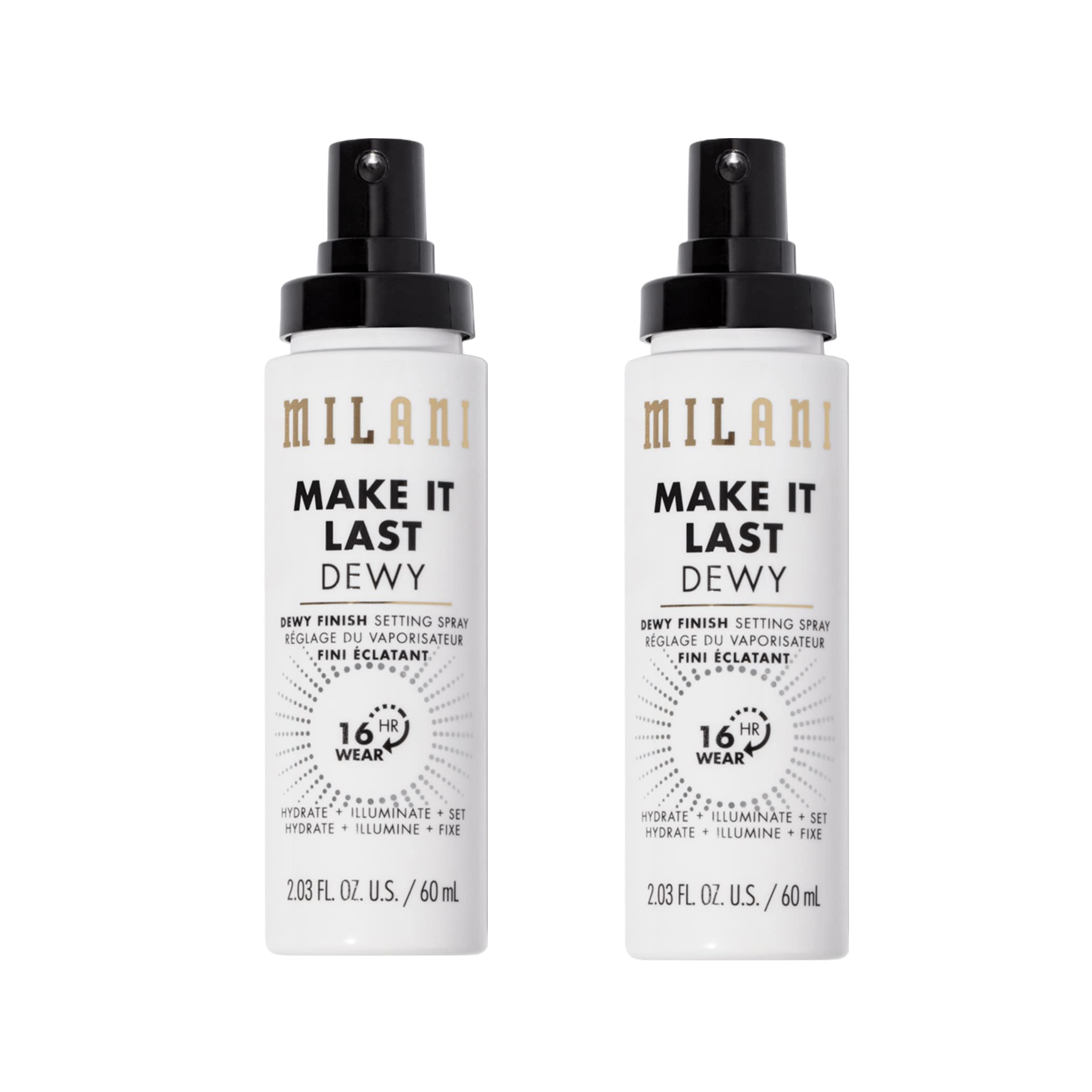 Milani Make It Dewy, flacon-pompe montrant l'hydratation lumineuse prête à l'emploi.