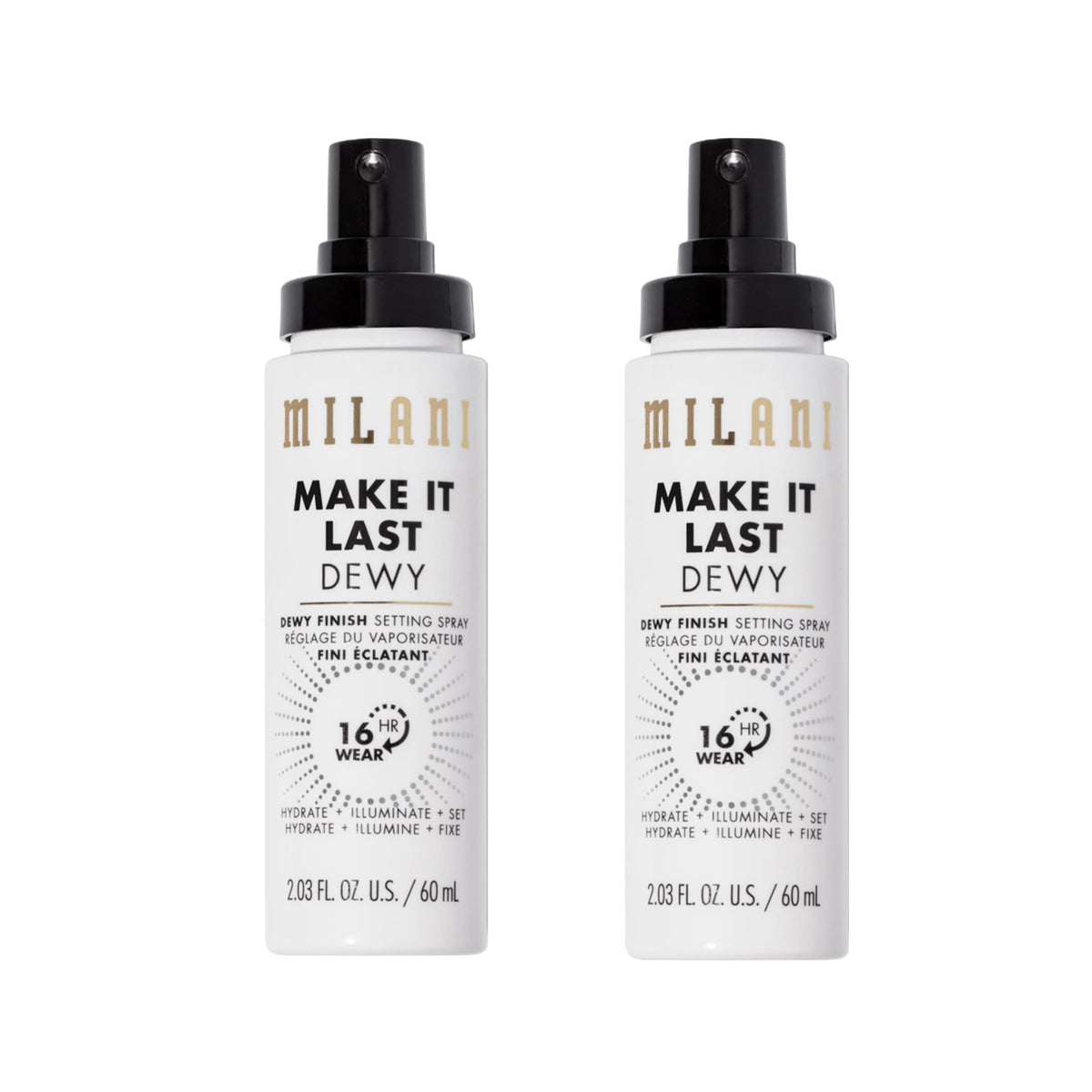 Milani Make It Dewy, flacon-pompe montrant l'hydratation lumineuse prête à l'emploi.