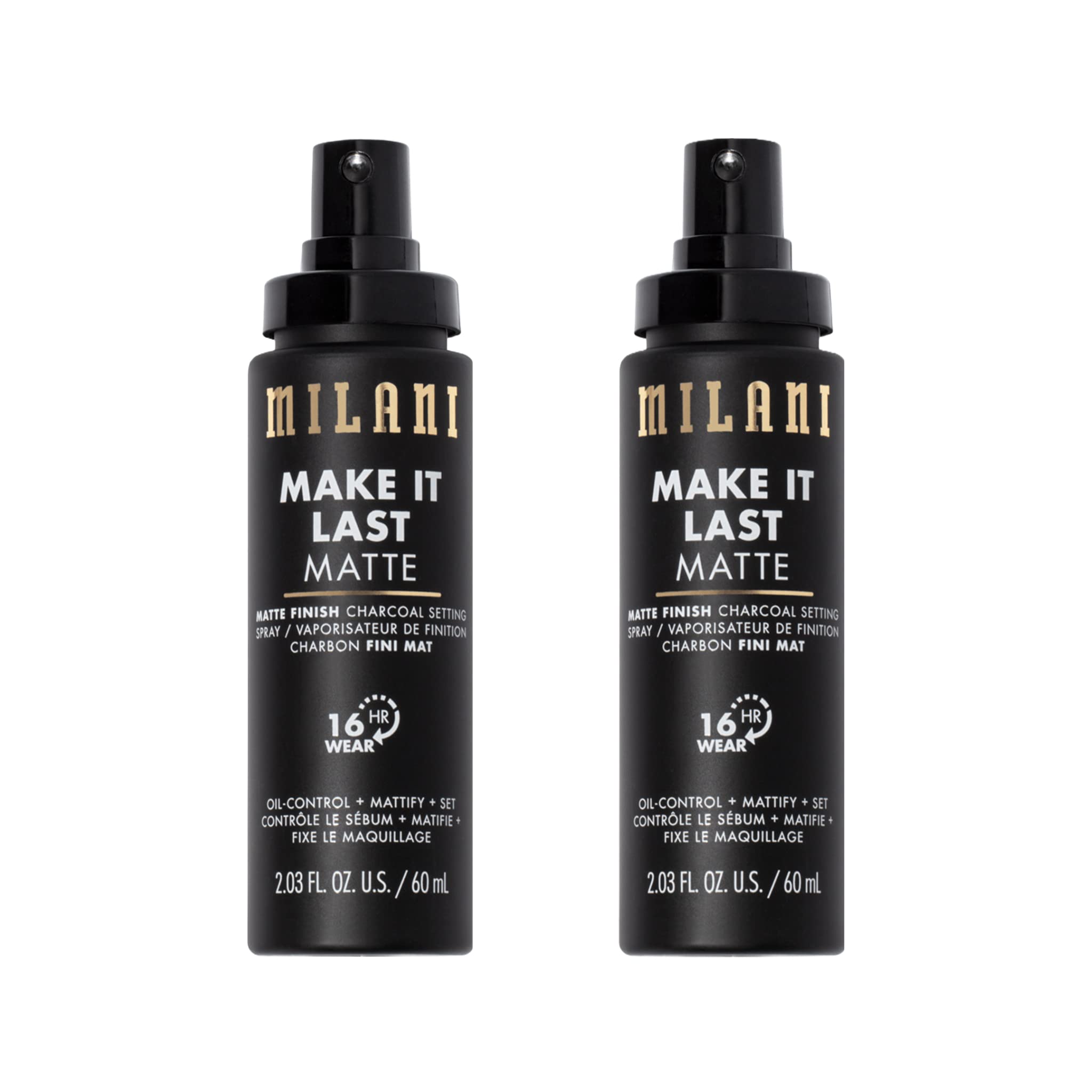 Milani setting-spray-charbon-mat, bouteille vue de face offre une fixation longue durée.