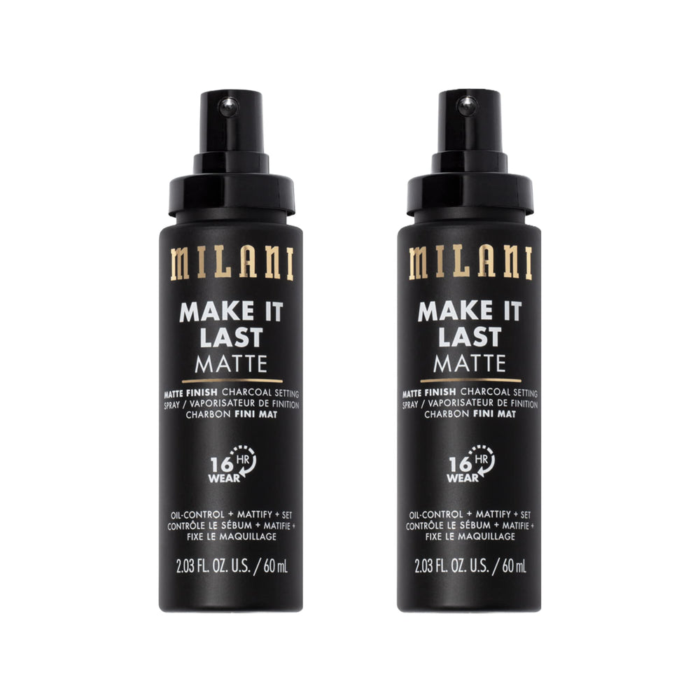 Milani setting-spray-charbon-mat, bouteille vue de face offre une fixation longue durée.