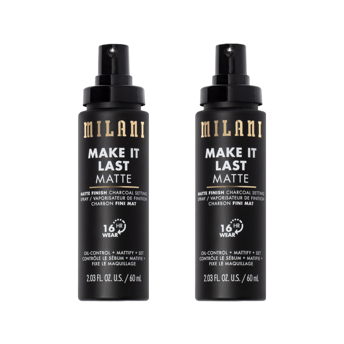 Milani setting-spray-charbon-mat, bouteille vue de face offre une fixation longue durée.