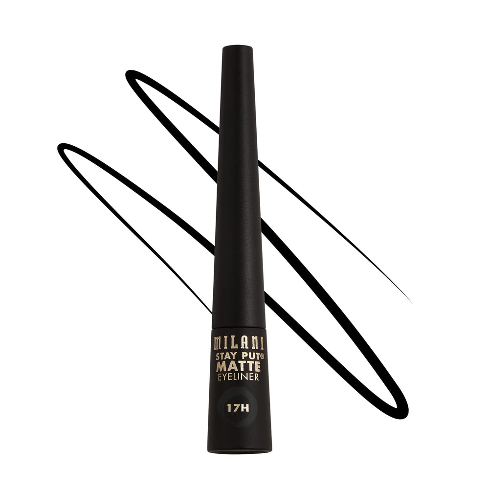 Milani Stay Put Matte Liquid Liner en bouteille noire; fini mat et longue tenue.