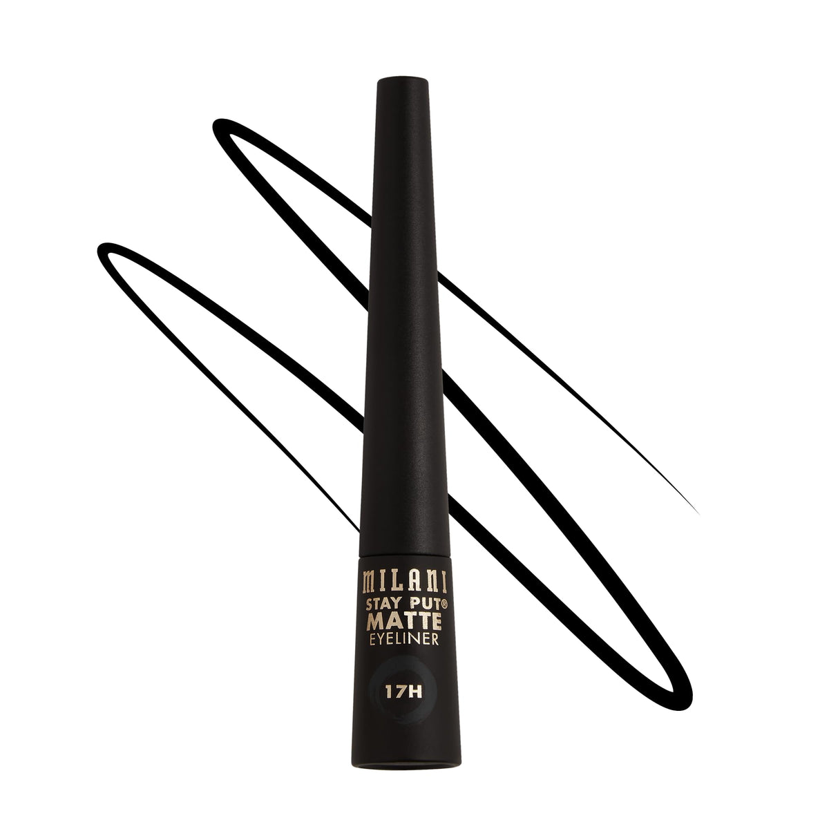 Milani Stay Put Matte Liquid Liner en bouteille noire; fini mat et longue tenue.
