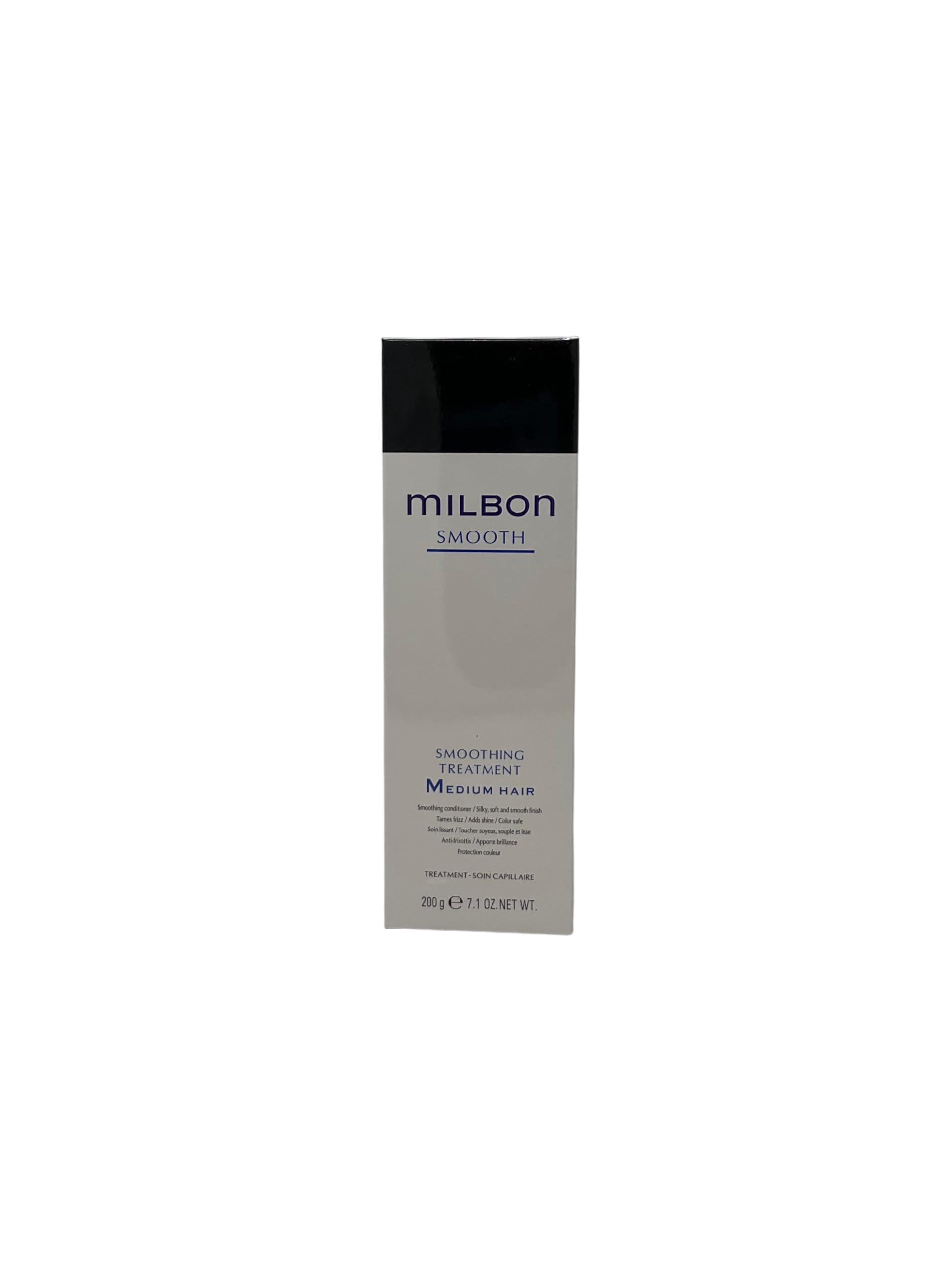 Milbon conditionneur lissant – bouteille et cheveux soyeux après utilisation