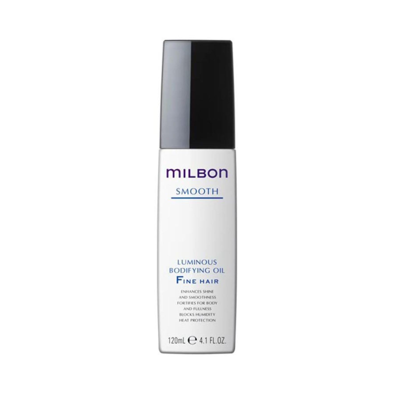 Milbon huile lumineuse pour cheveux fins en flacon, offre brillance et contrôle.