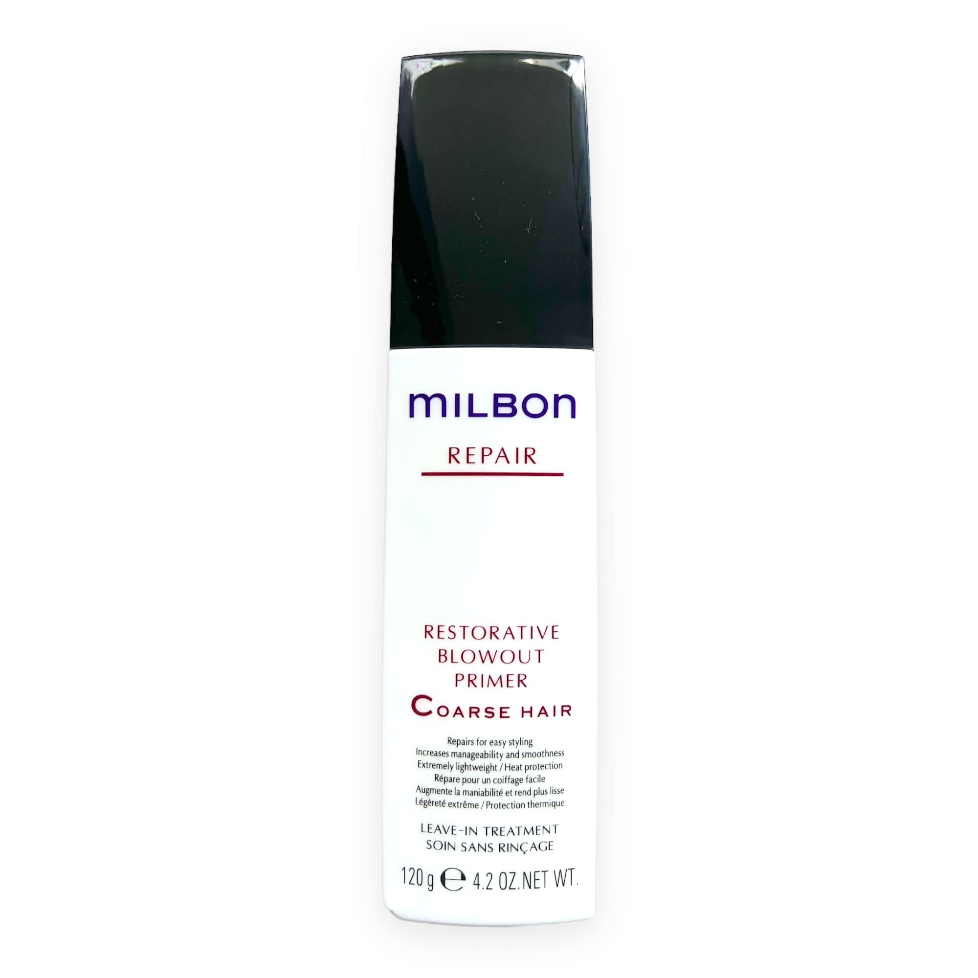 Milbon Repair Restorative Blowout Primer en bouteille protège la chaleur et facilite le brushing.
