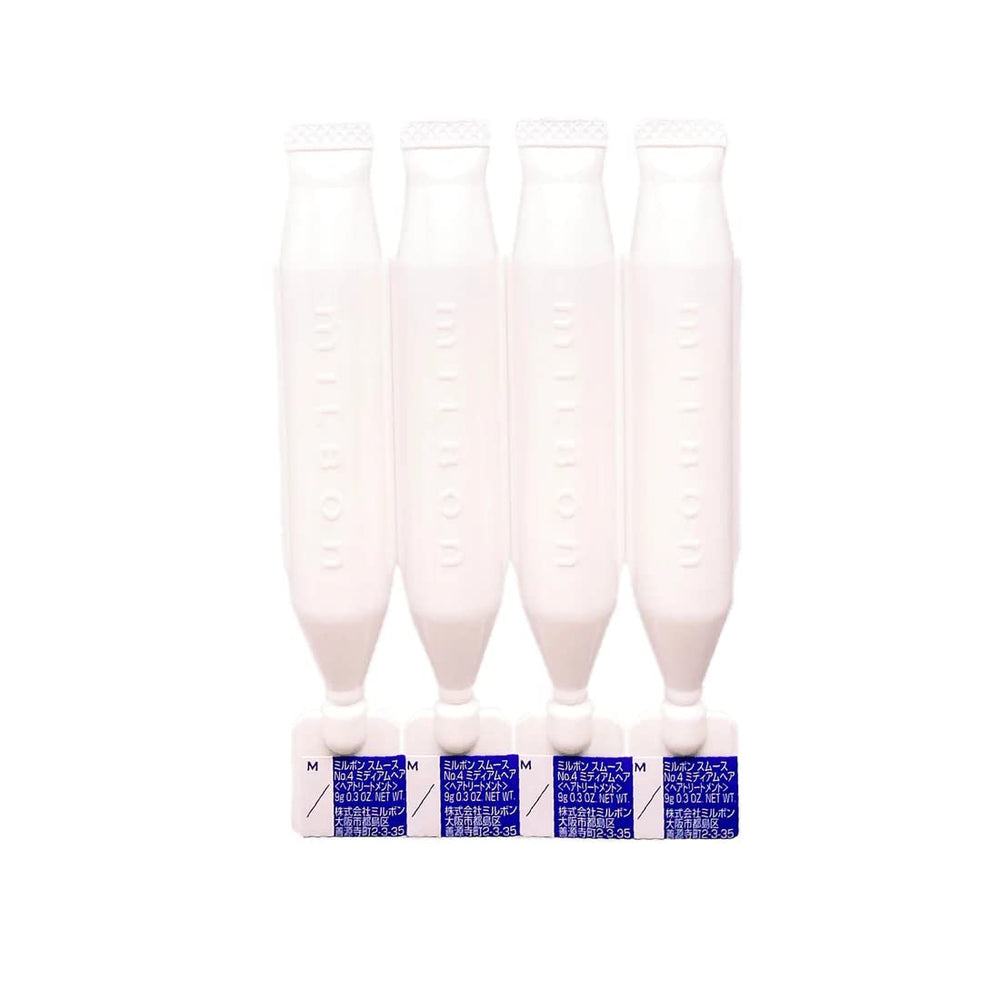 Application du booster Milbon Signature Smooth No.4 pour cheveux moyens, texture améliorée.