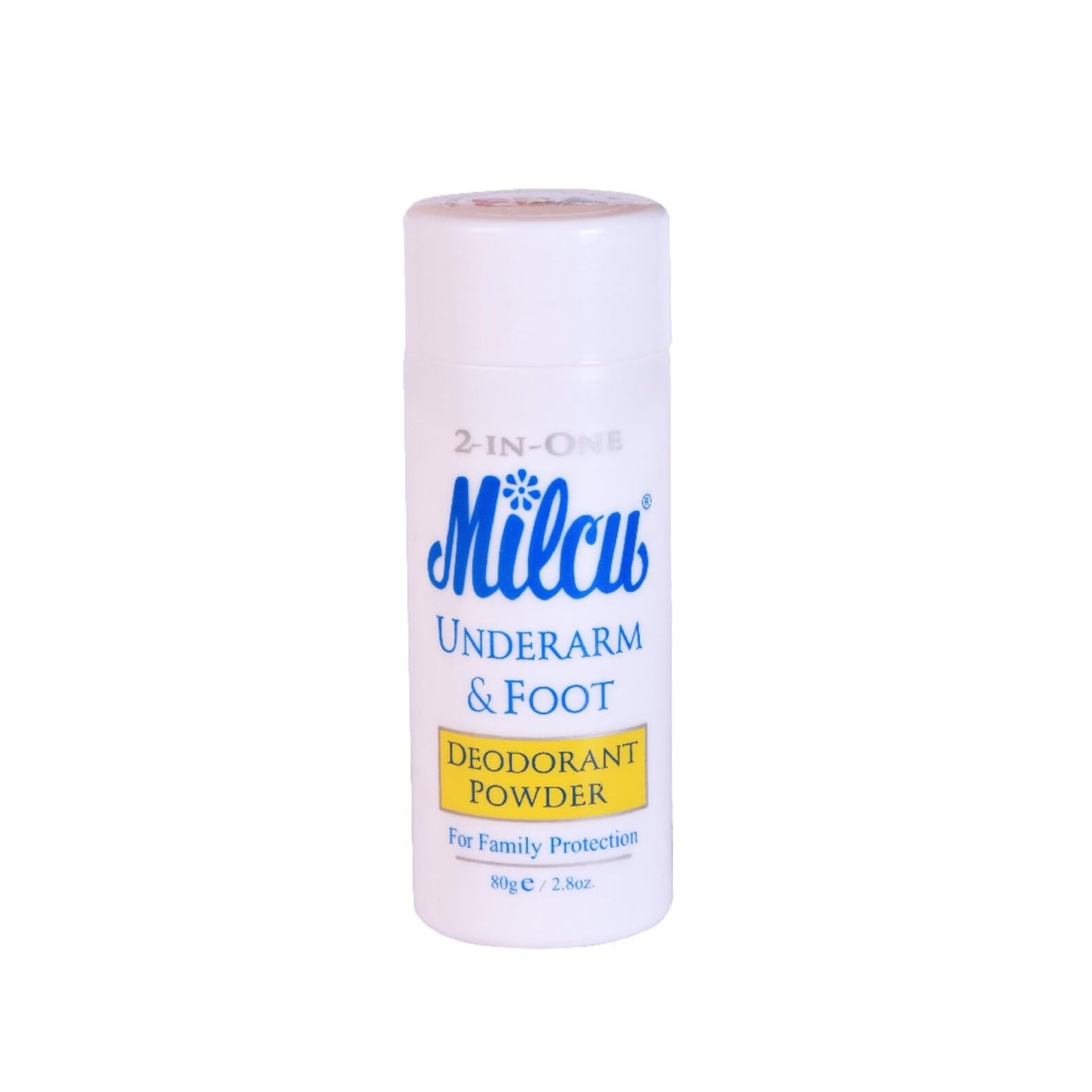 Milcu poudre déodorante aisselles-pieds: flacon pratique pour usage quotidien.