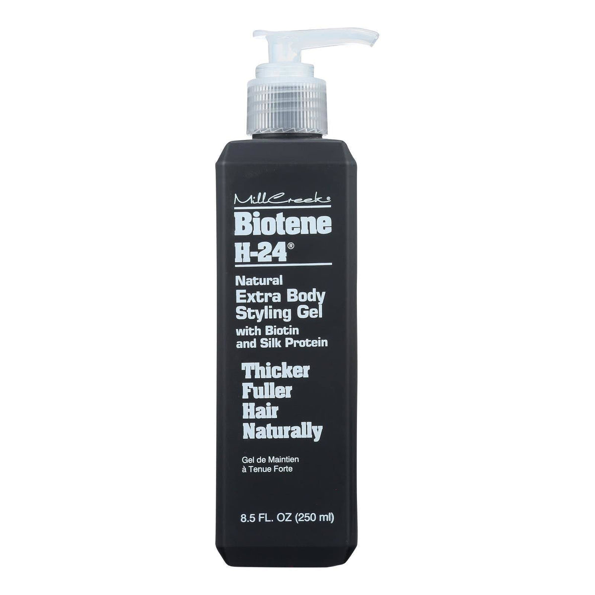 Flacon du gel coiffant Biotene H-24 de Mill Creek offrant contrôle et brillance.