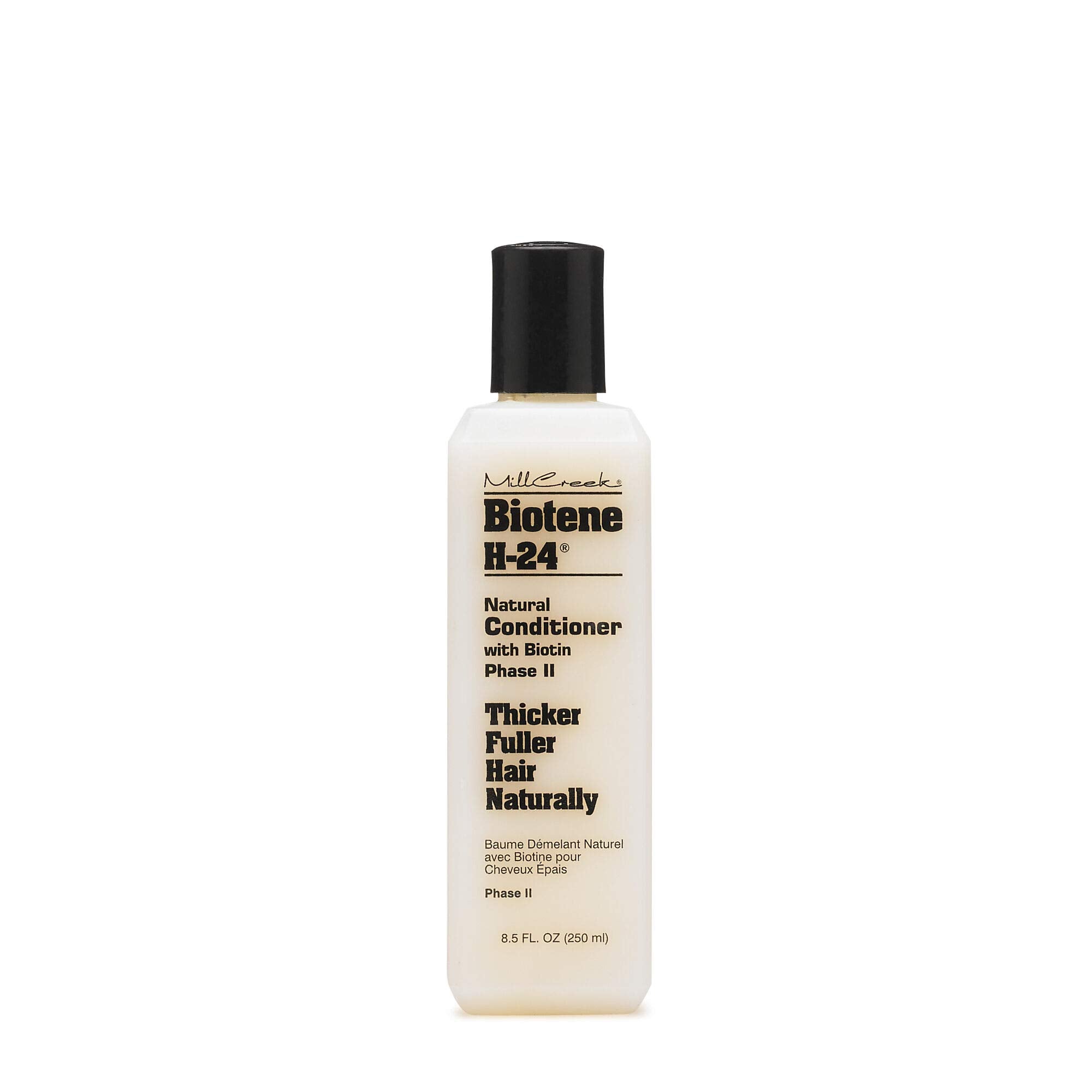 Mill Creek Biotin H24 conditioner bottle for smooth, hydrated hair.