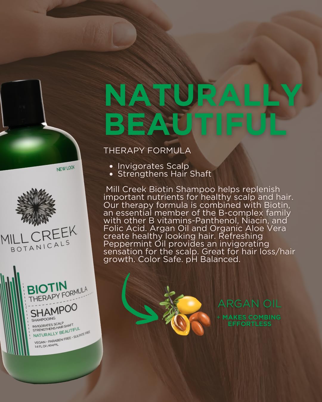 Ingrédients argan et aloe vera, Mill Creek Biotine Shampoing, soin nourrissant.