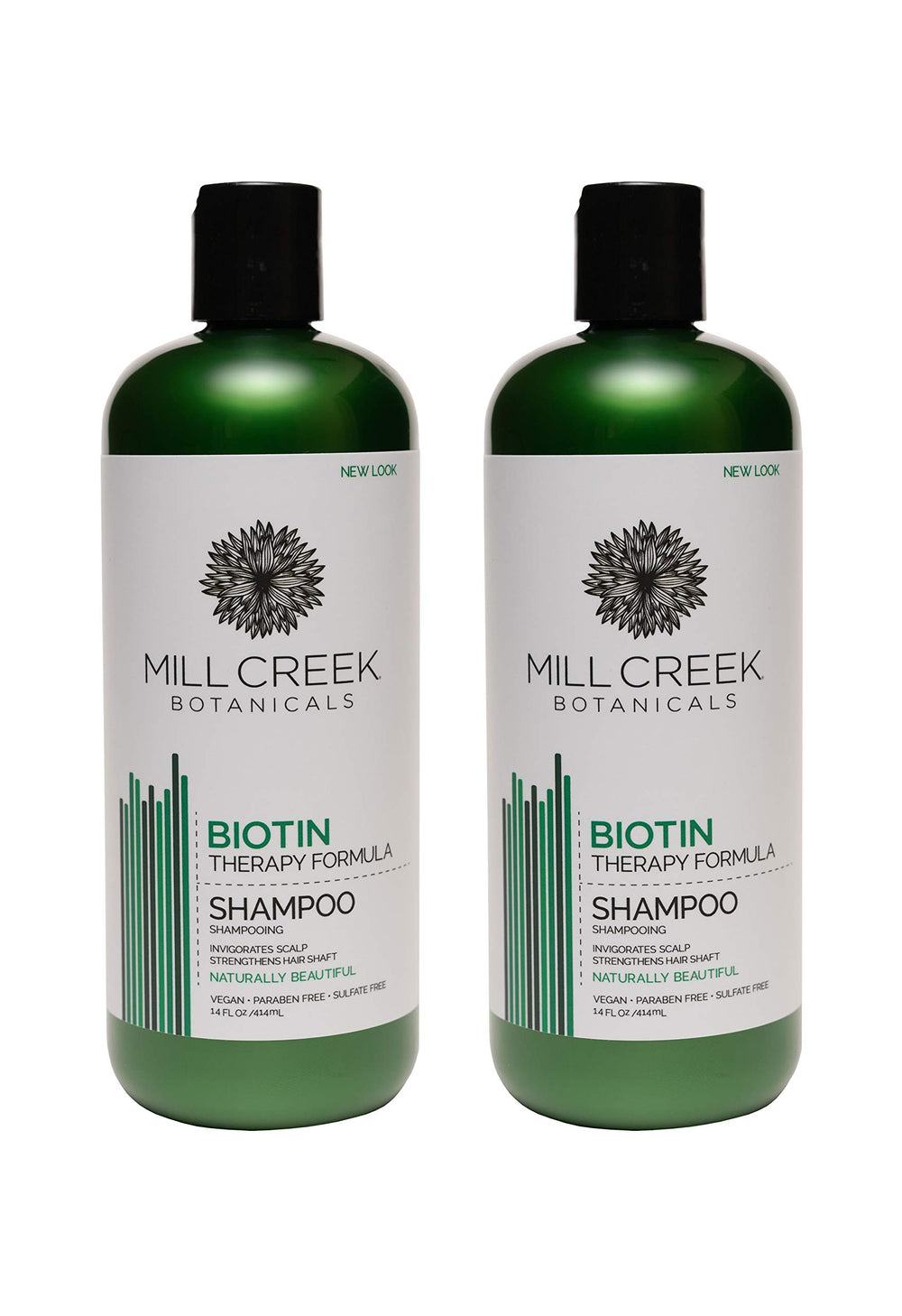 Shampoing Mill Creek Biotine, bouteille vue de face, soin capillaire revitalisant.