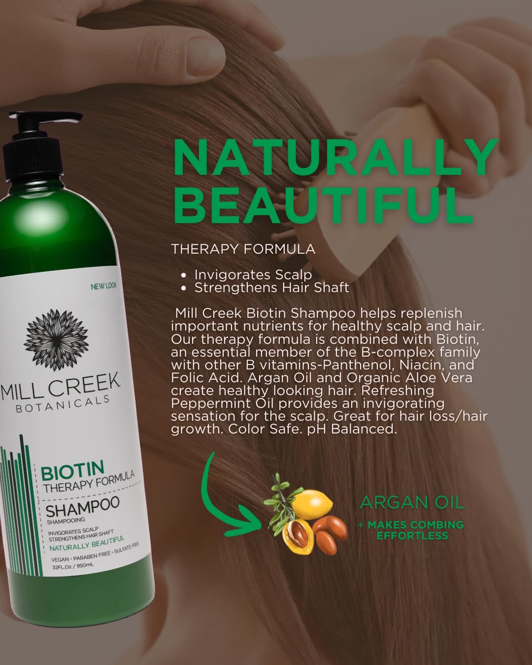 Shampoing Biotine Mill Creek, texture crèmeuse, offre une sensation douce lors du lavage.