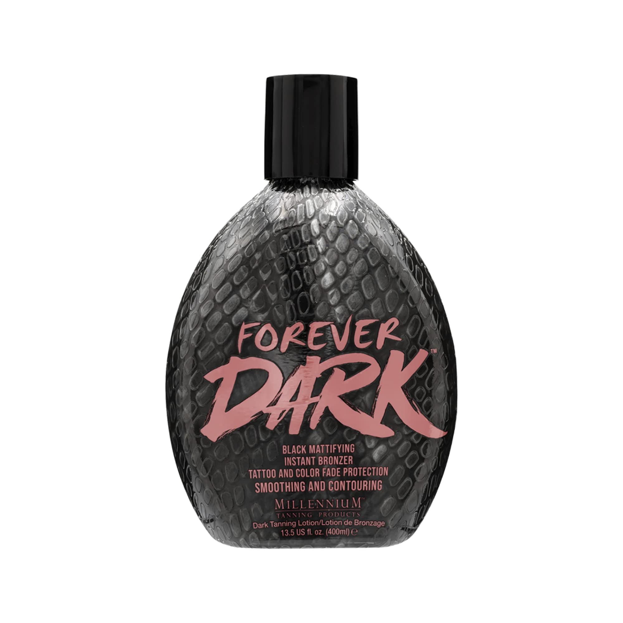 Lait bronzant noir matifiant Forever Dark de Millennium Tanning, finition lisse et naturelle.