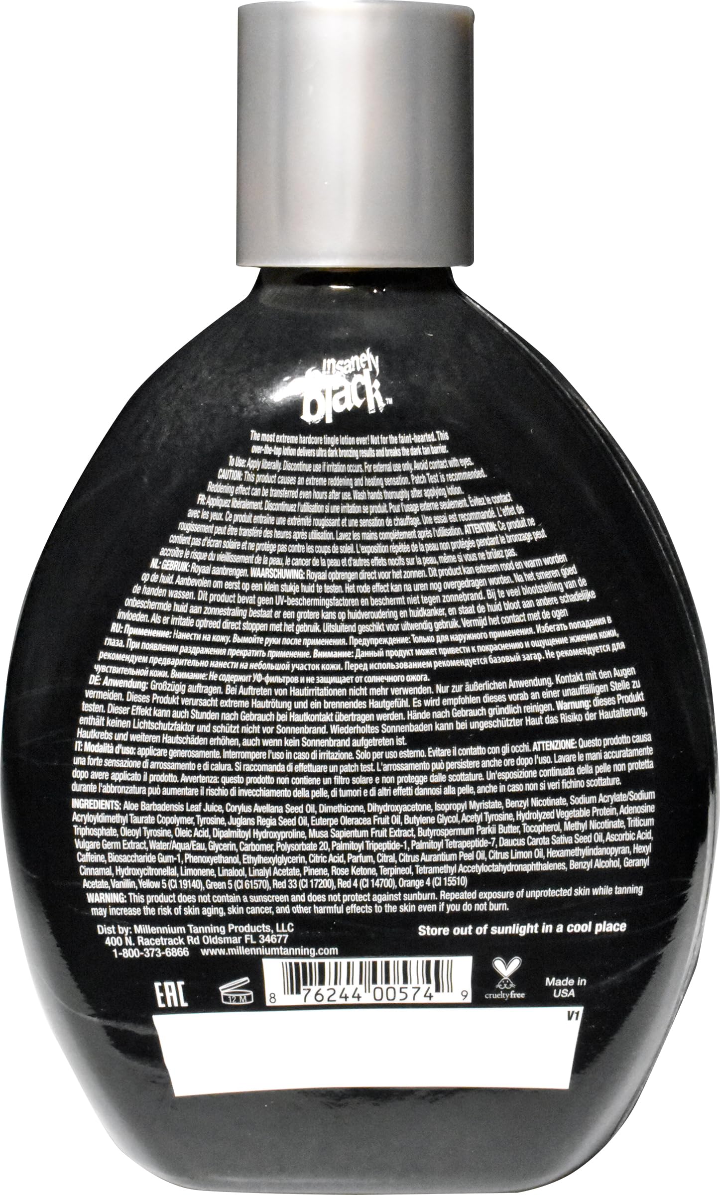 Millennium Tanning Insanely Black 60x – flacon brillant révélant une peau lumineuse après application.