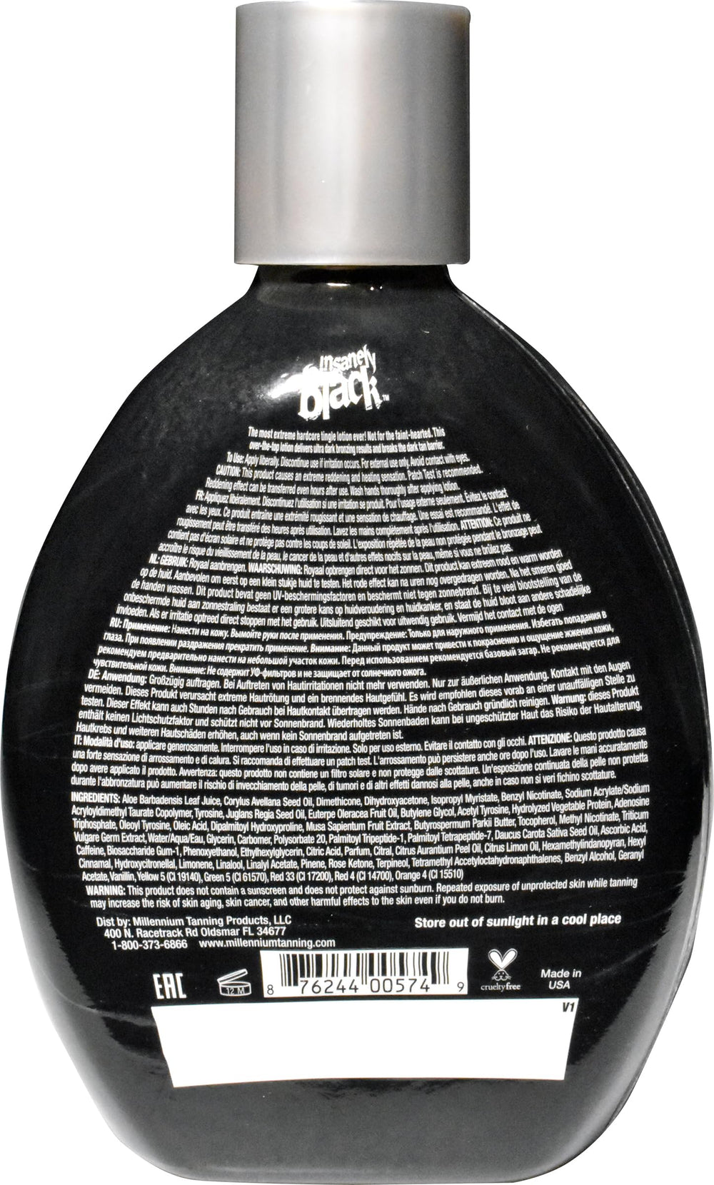 Millennium Tanning Insanely Black 60x – flacon brillant révélant une peau lumineuse après application.