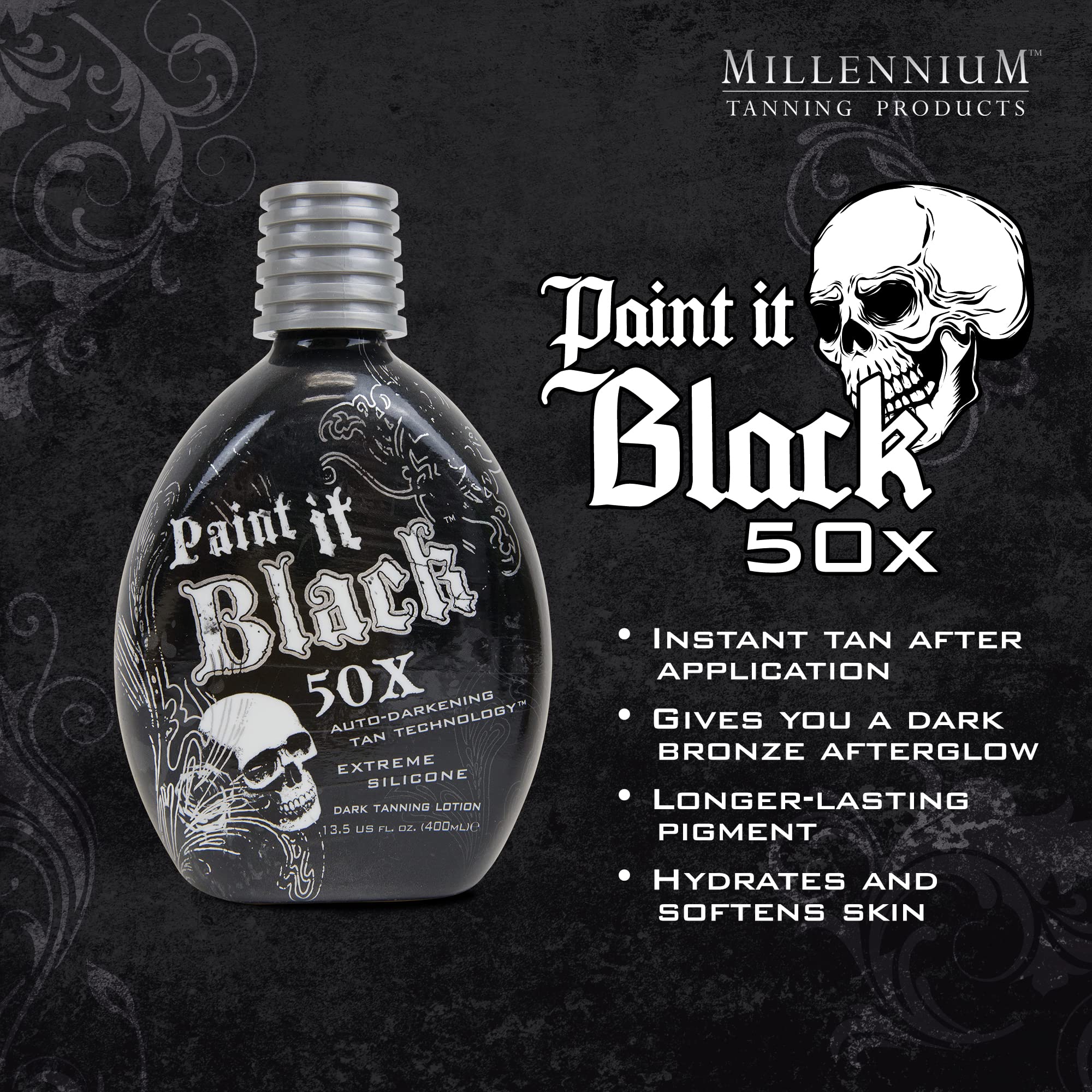Millennium Tanning Paint It Black 50x – Crème bronzante, teinte noire-bronze profonde.