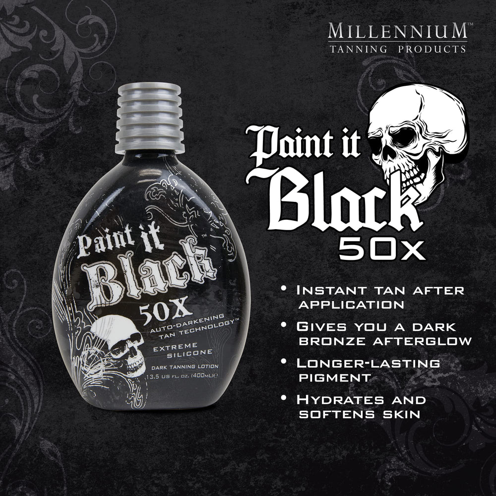 Millennium Tanning Paint It Black 50x – Crème bronzante, teinte noire-bronze profonde.