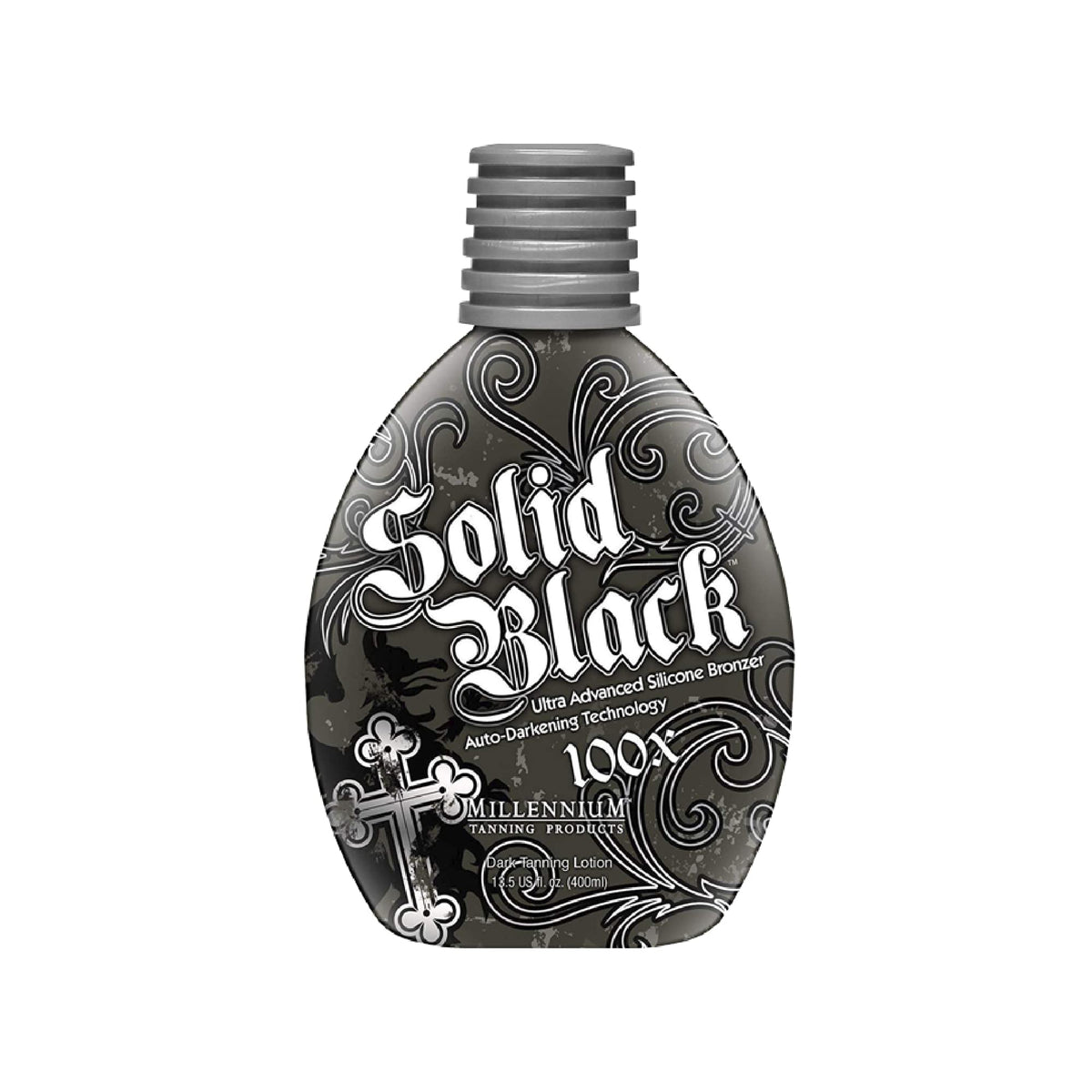 Millennium Tanning Solid Black 100x, bouteille 400 ml prête pour un bronzage profond et durable.