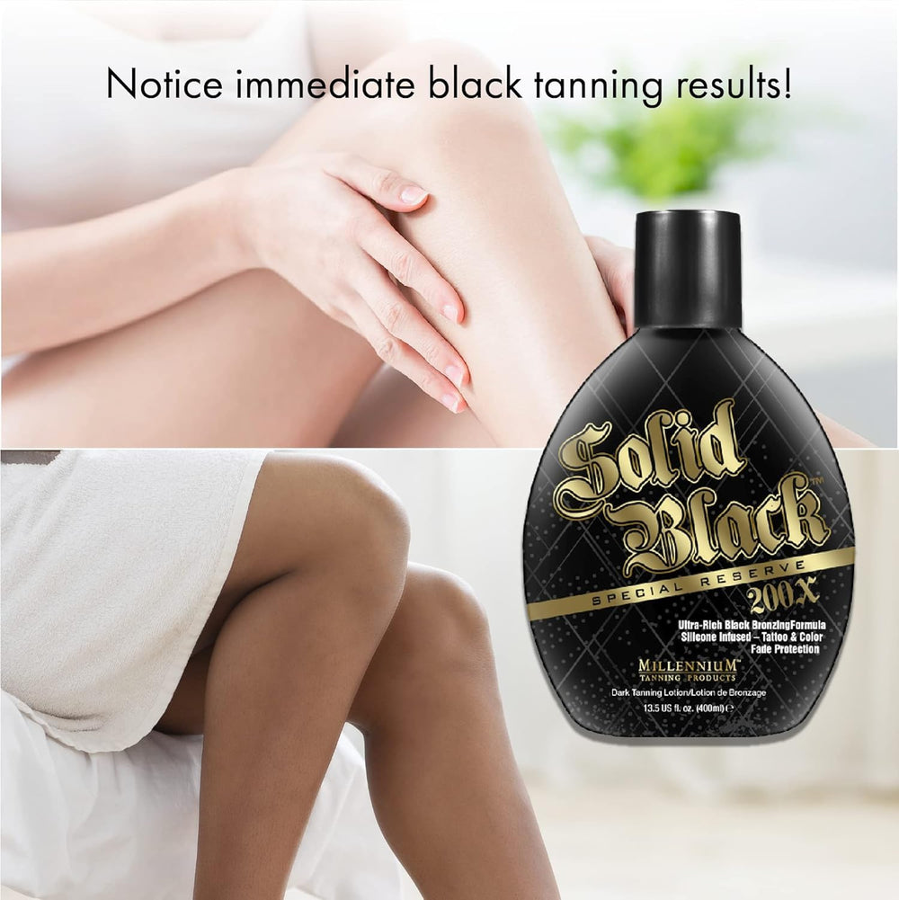 Millennium Tanning Solid Black 200X : ingrédients naturels pour un bronzage durable.