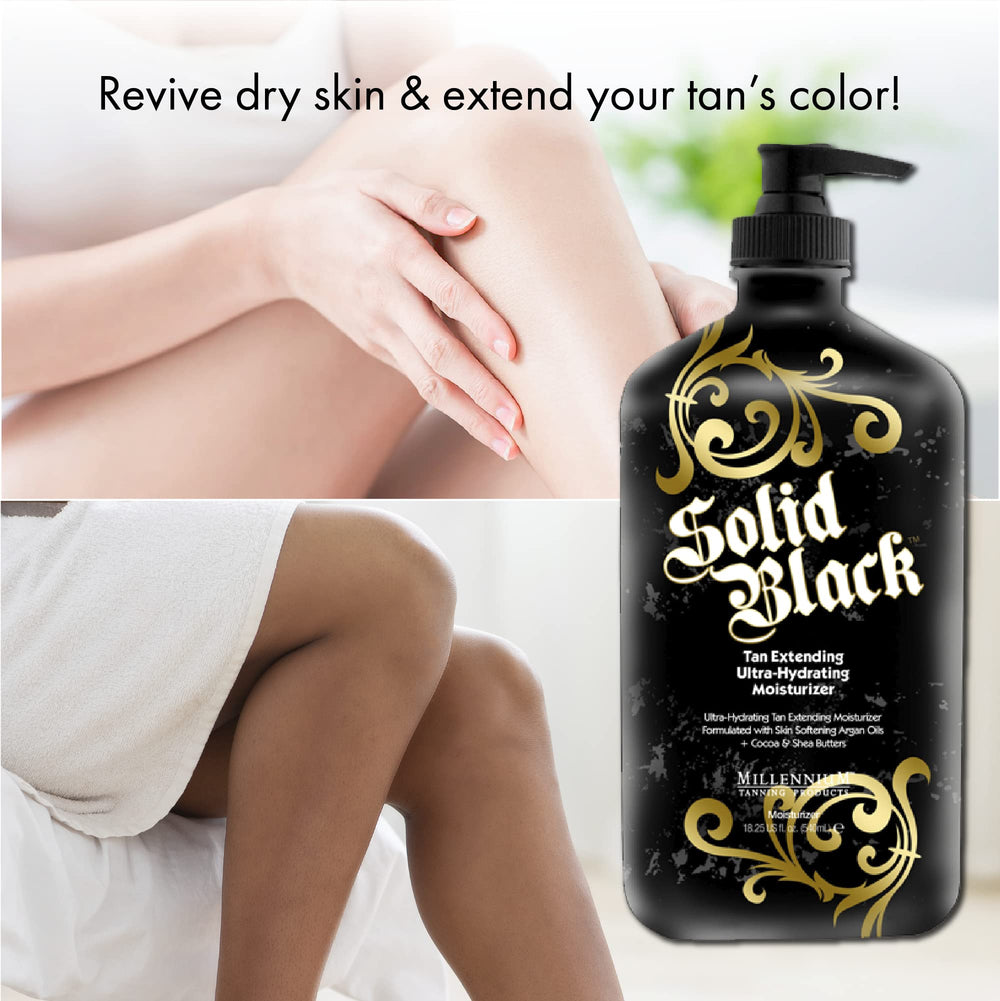 Millennium Tanning Solid Black: application facile pour hydratation durable.