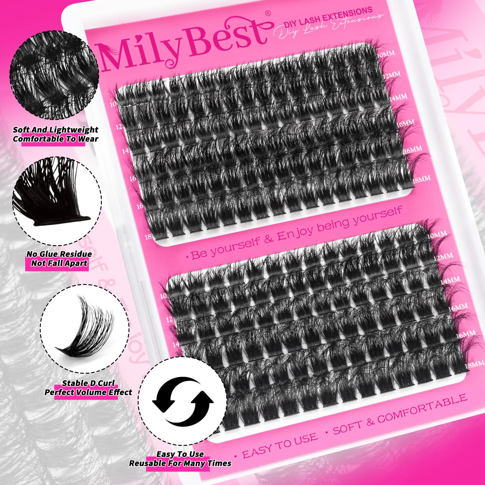 MilyBest kit clusters cils 150D: volume spectaculaire prêt en quelques applications.