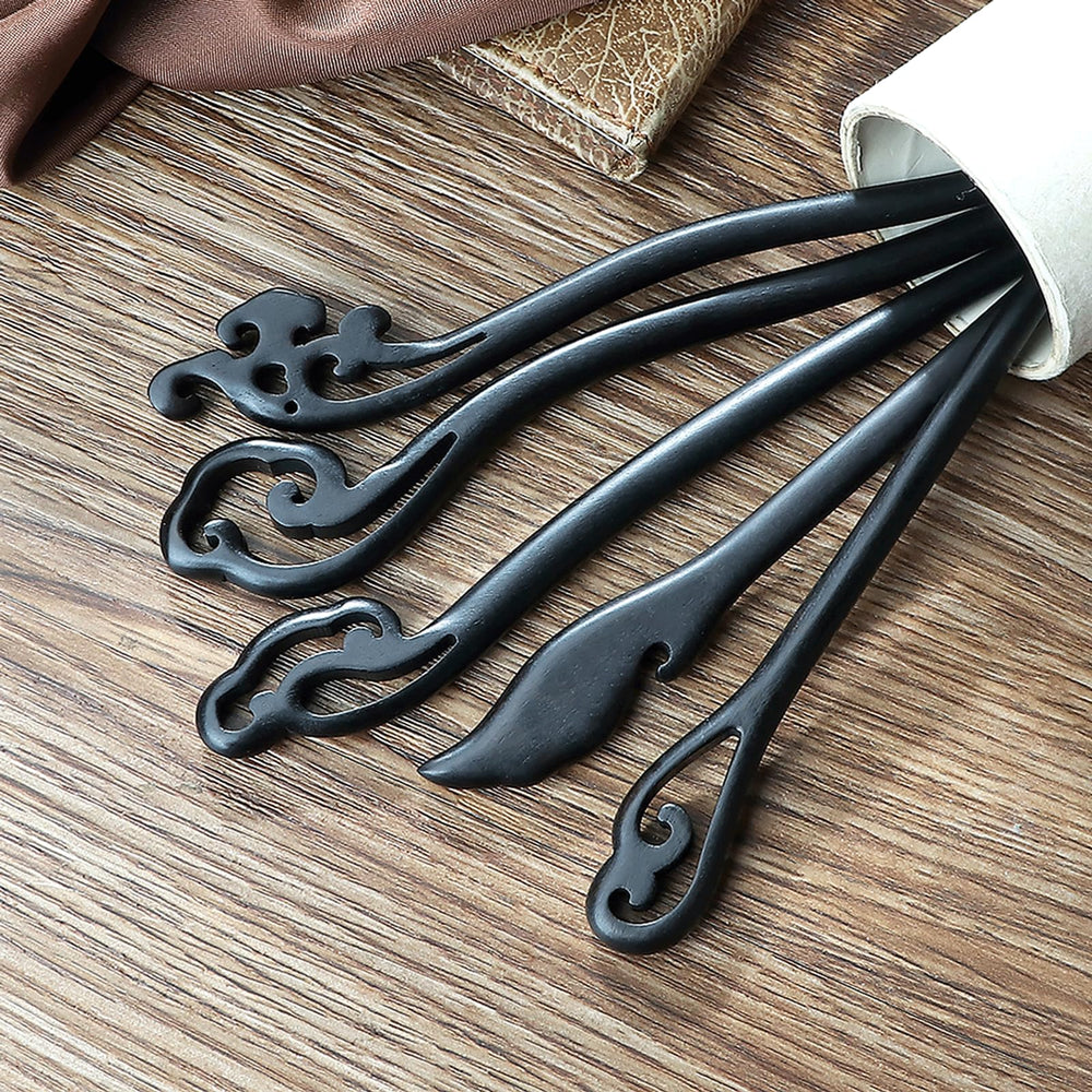 Bâtons Mimalexin bois noir – chignon stable et raffiné.