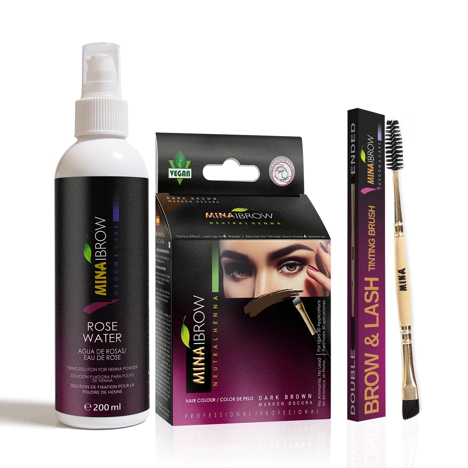 MinaiBrow kit couleur noir-foncé, couverture naturelle des cheveux.