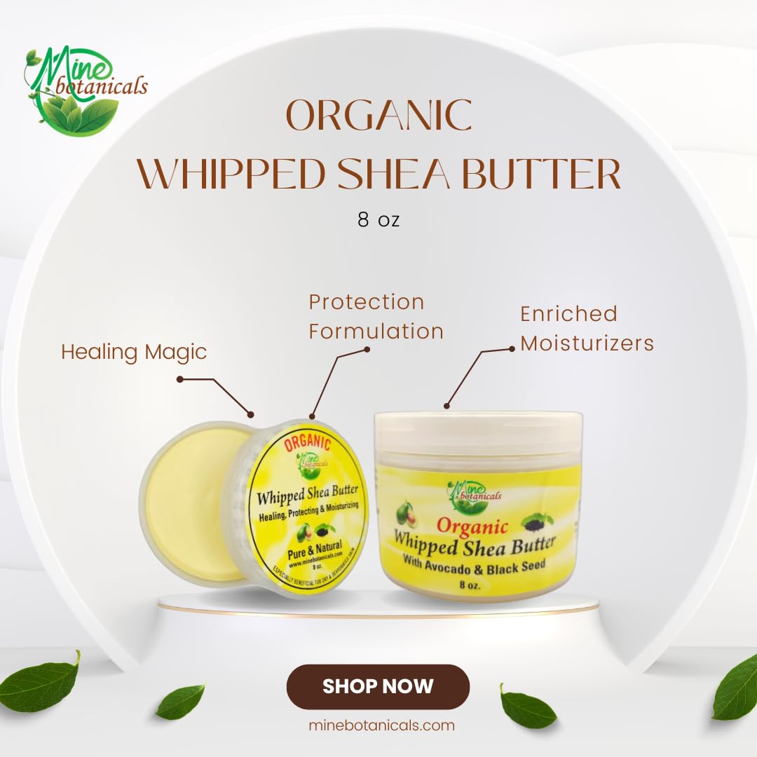 Mine Botanicals Beurre Shea fouetté texture crèmeuse: hydratation durable et douceur.