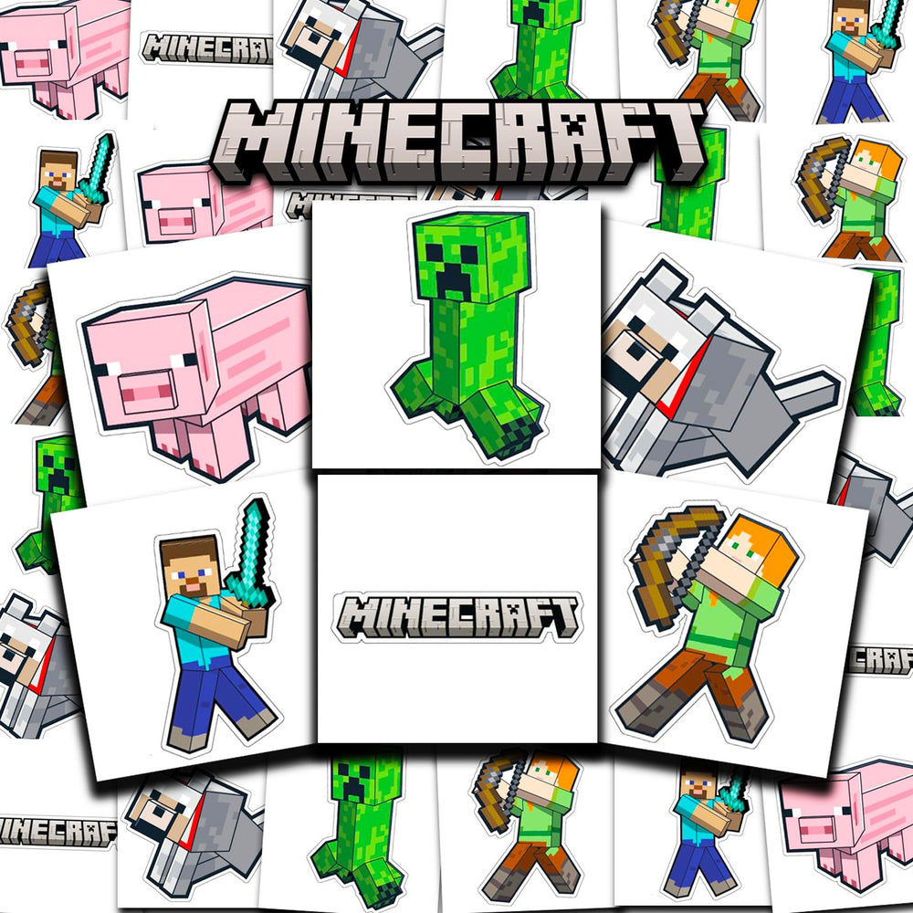 Tatouages Minecraft – ensemble perforé de 72 designs, pour mini-fêtes et activités créatives.