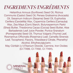 Mineral Fusion avocado oil cocoa butter formula nourishes lips.