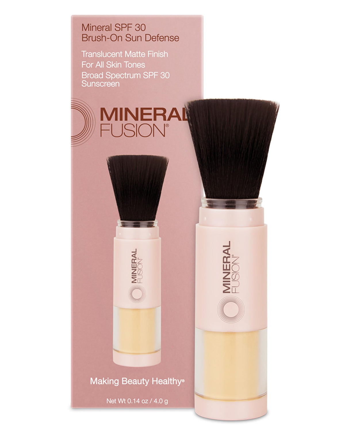 Mineral Fusion poudre solaire visage en pinceau, fini léger et translucide.