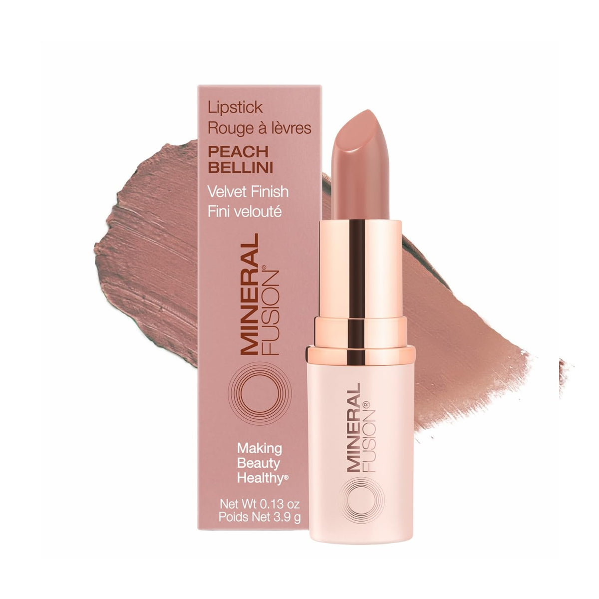 Mineral Fusion Peach Bellini lipstick swatch shows vibrant color with smooth glide.
