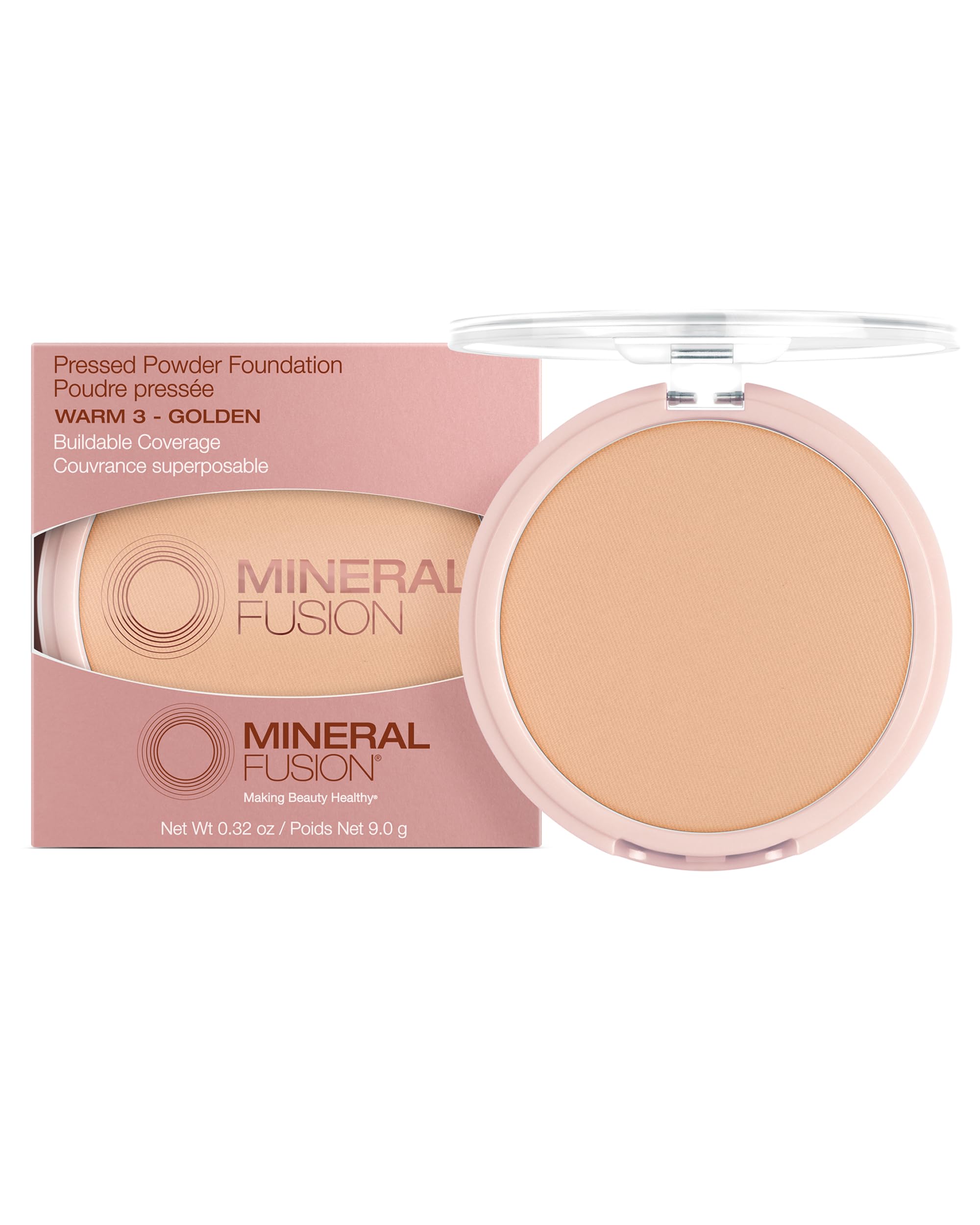 Mineral Fusion Poudre Pressée – Teint médium-jaune, fini mat et uniforme.