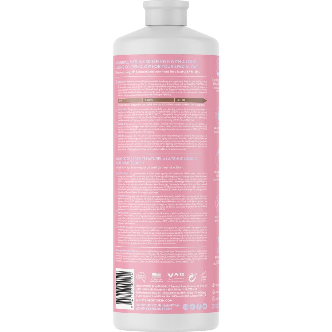 MineTan bronzage en spray – application rapide pour un teint uniforme de mariée.