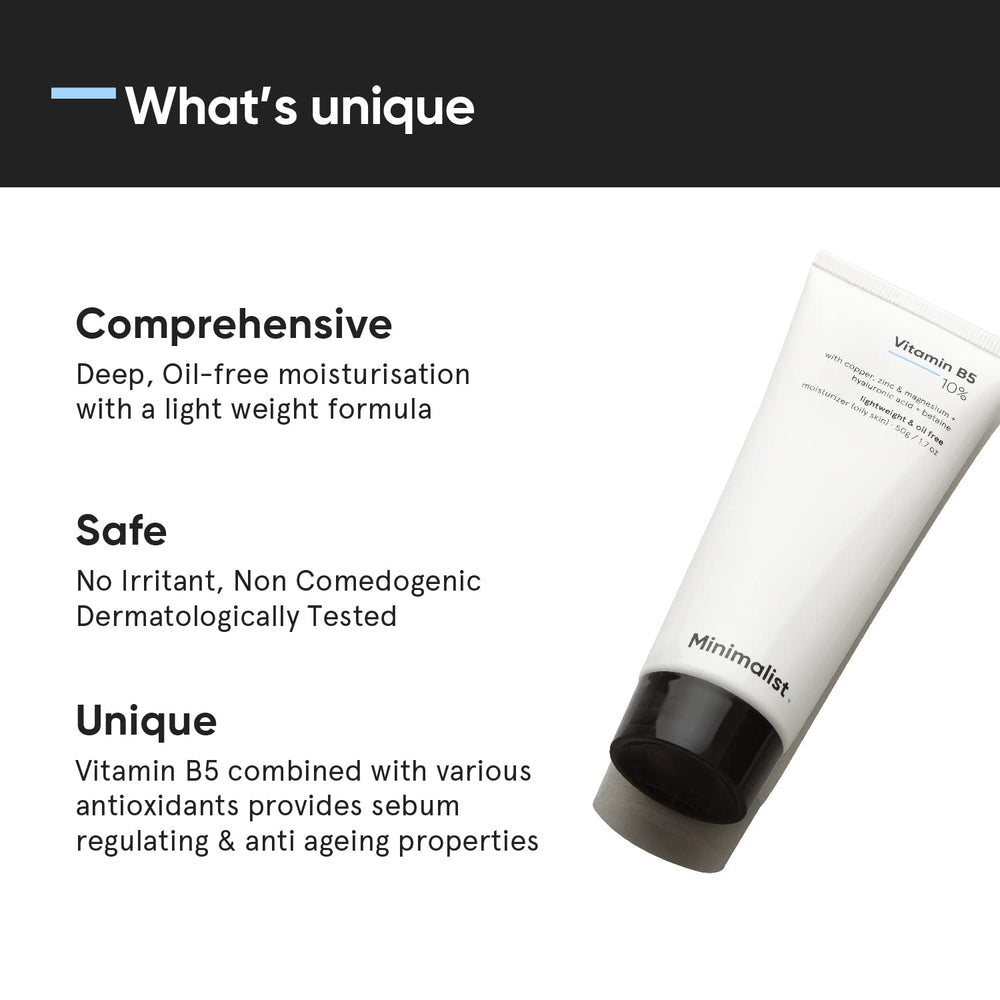 Minimalist Vitamin B5 10% gel visage avec zinc, cuivre et magnésium pour une peau plus fraîche.