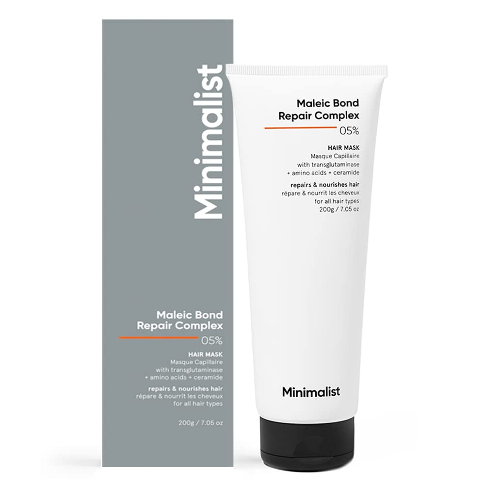 Masque Minimalist, bouteille du soin capillaire, répare les cheveux endommagés en profondeur.