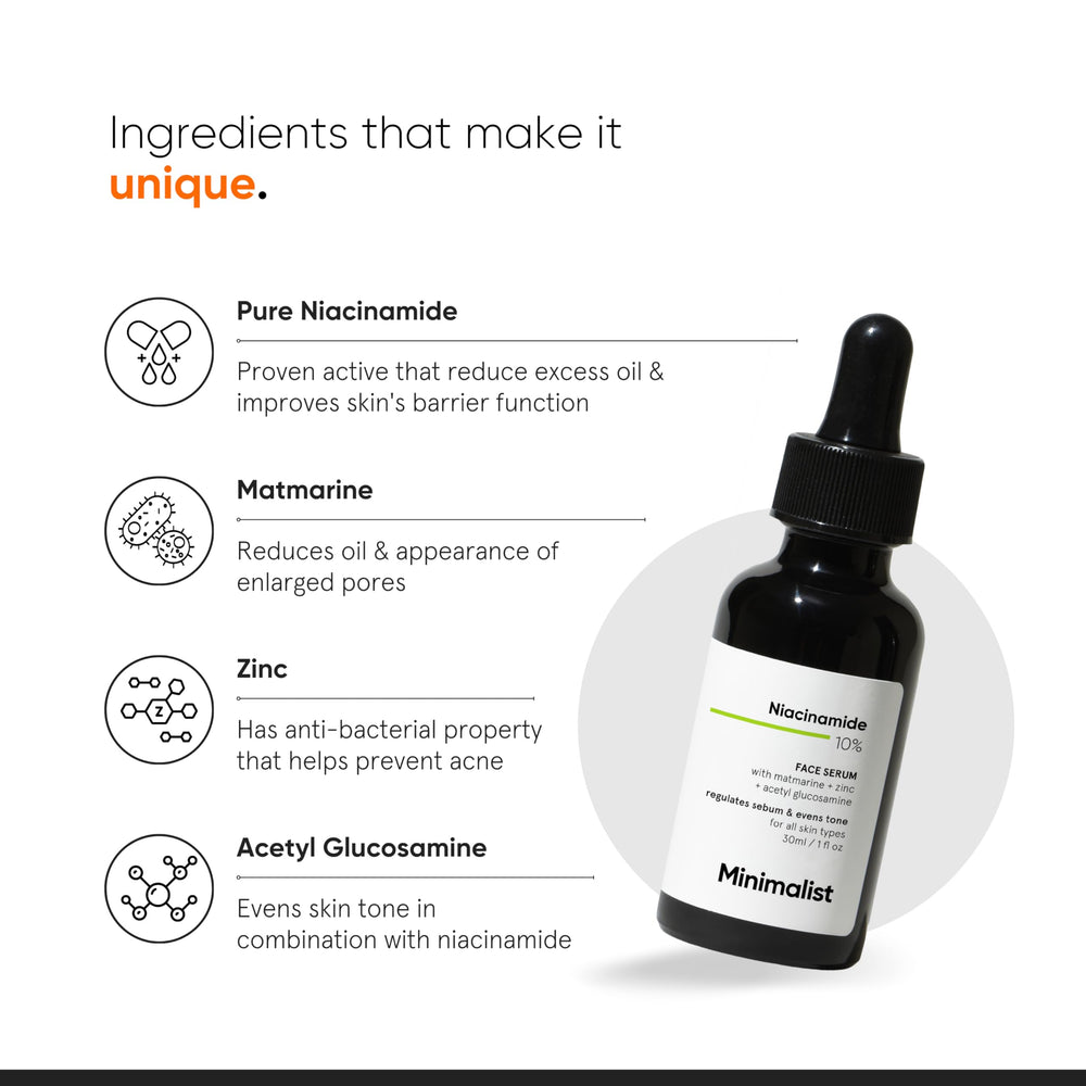 Minimalist Niacinamide 10% etiquette-produit — formule sans parfum ni irritants.