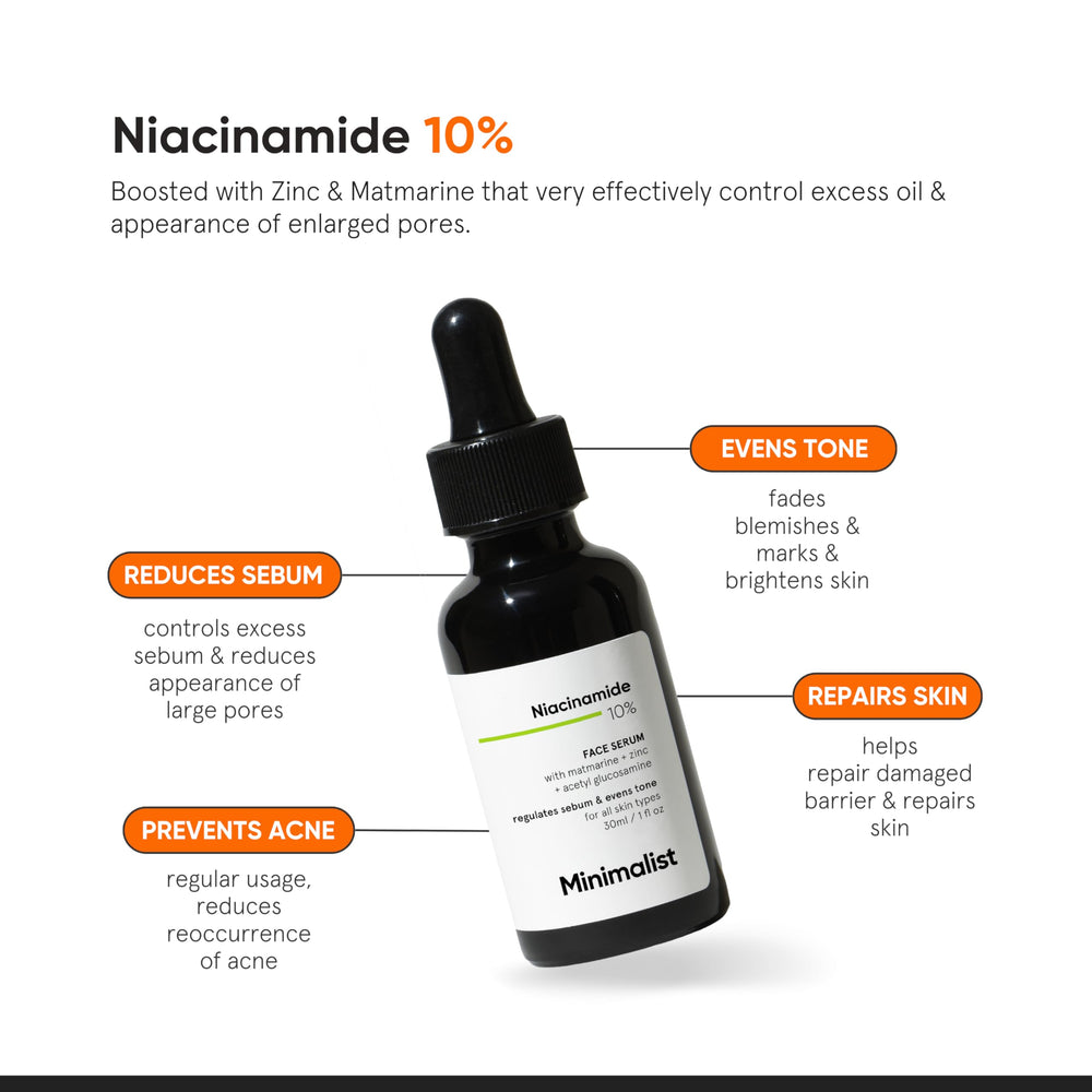 Minimalist Niacinamide 10% gouttes — favorise l'hydratation et le contrôle des brillances.