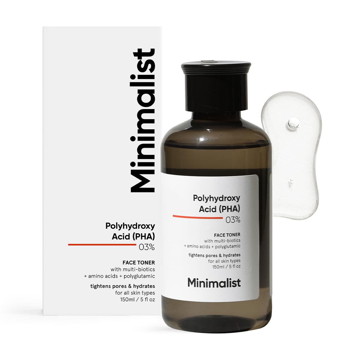 Tonique Minimalist PHA en bouteille, exfolie doucement et hydrate sans agresser la peau.