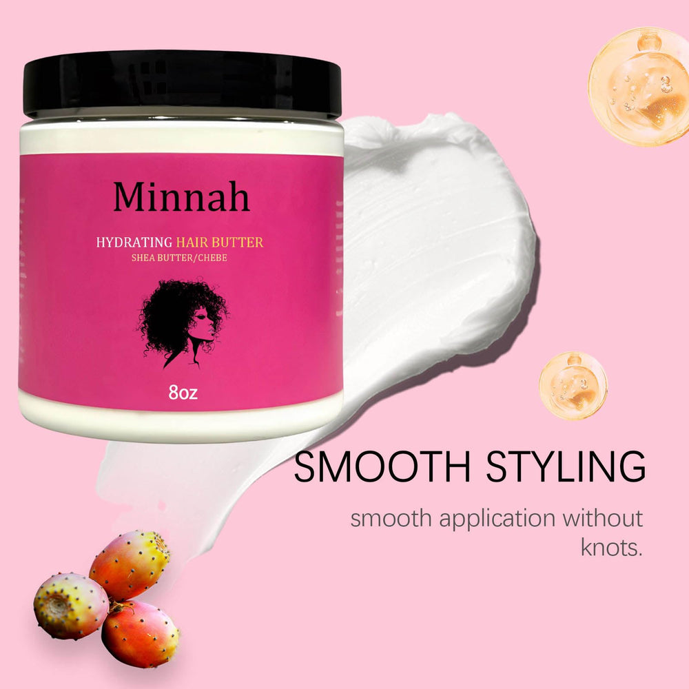Minnah Beurre capillaire hydratant, texture riche pour cheveux soyeux.